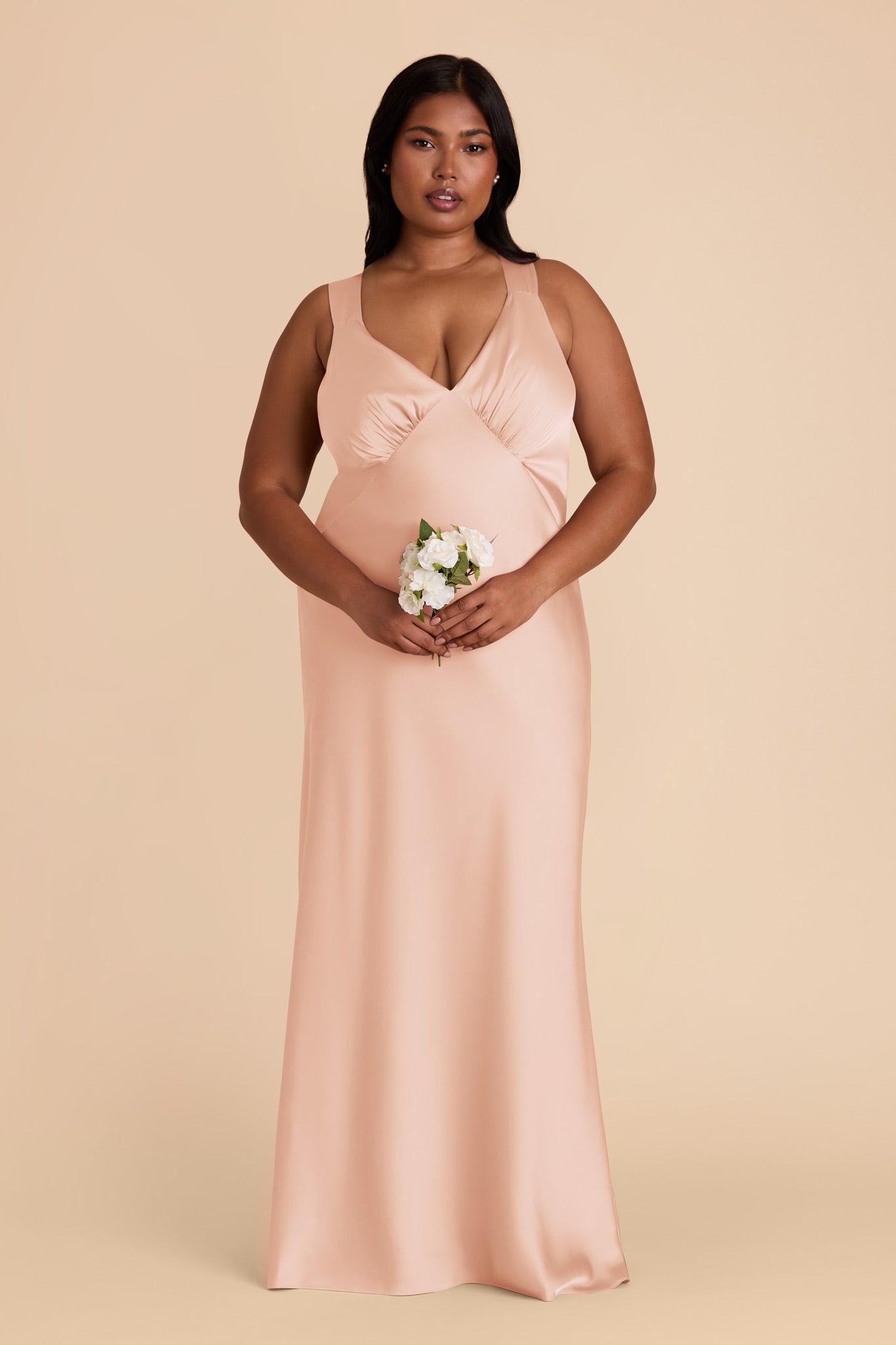 Matte Satin Dress with V-Neck & A-Line Skirt | Veronica Rose Gold