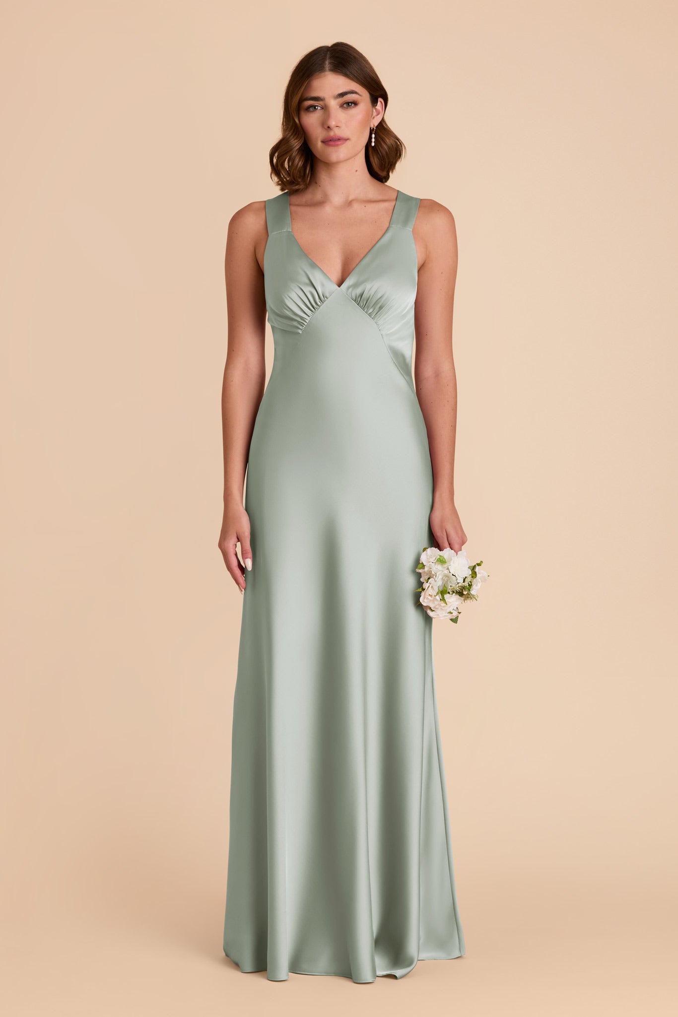 Sage Green Satin V-Neck A-Line Dress | Veronica Matte