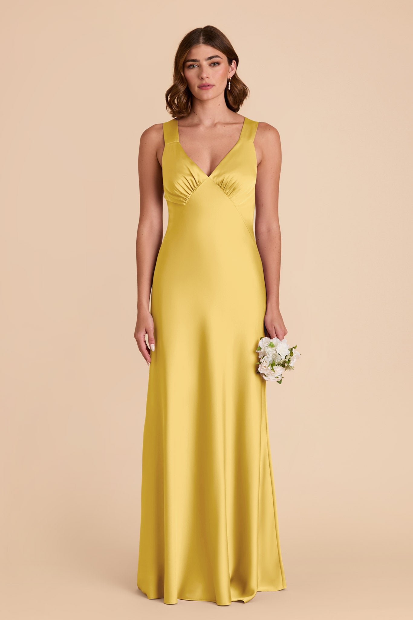 Flowy V-Neck Satin Dress in Sunflower Yellow | Veronica