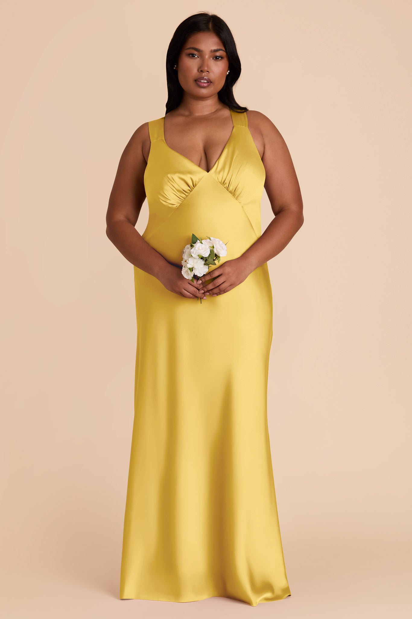 Flowy V-Neck Satin Dress in Sunflower Yellow | Veronica