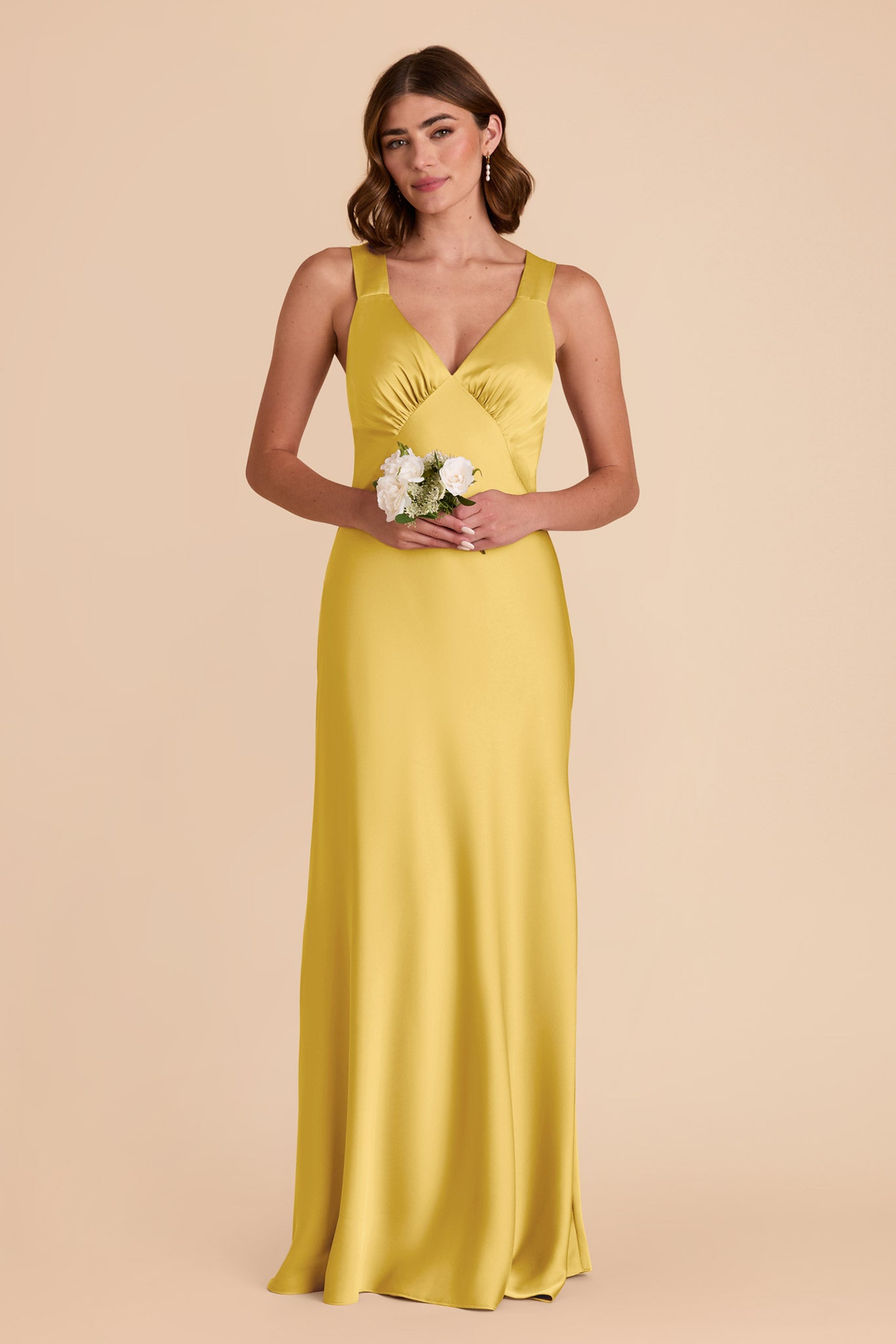 Flowy V-Neck Satin Dress in Sunflower Yellow | Veronica