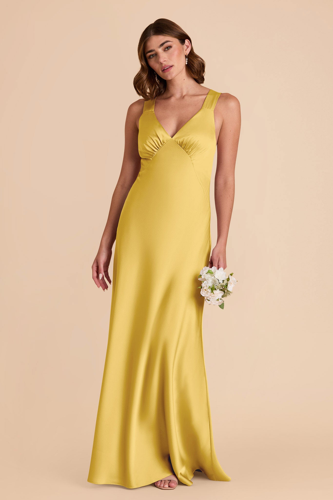 Flowy V-Neck Satin Dress in Sunflower Yellow | Veronica