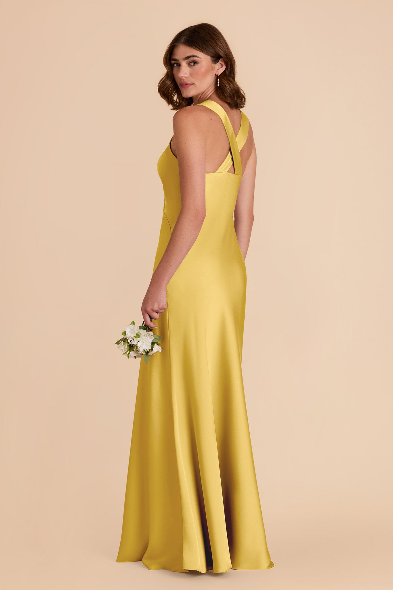 Flowy V-Neck Satin Dress in Sunflower Yellow | Veronica