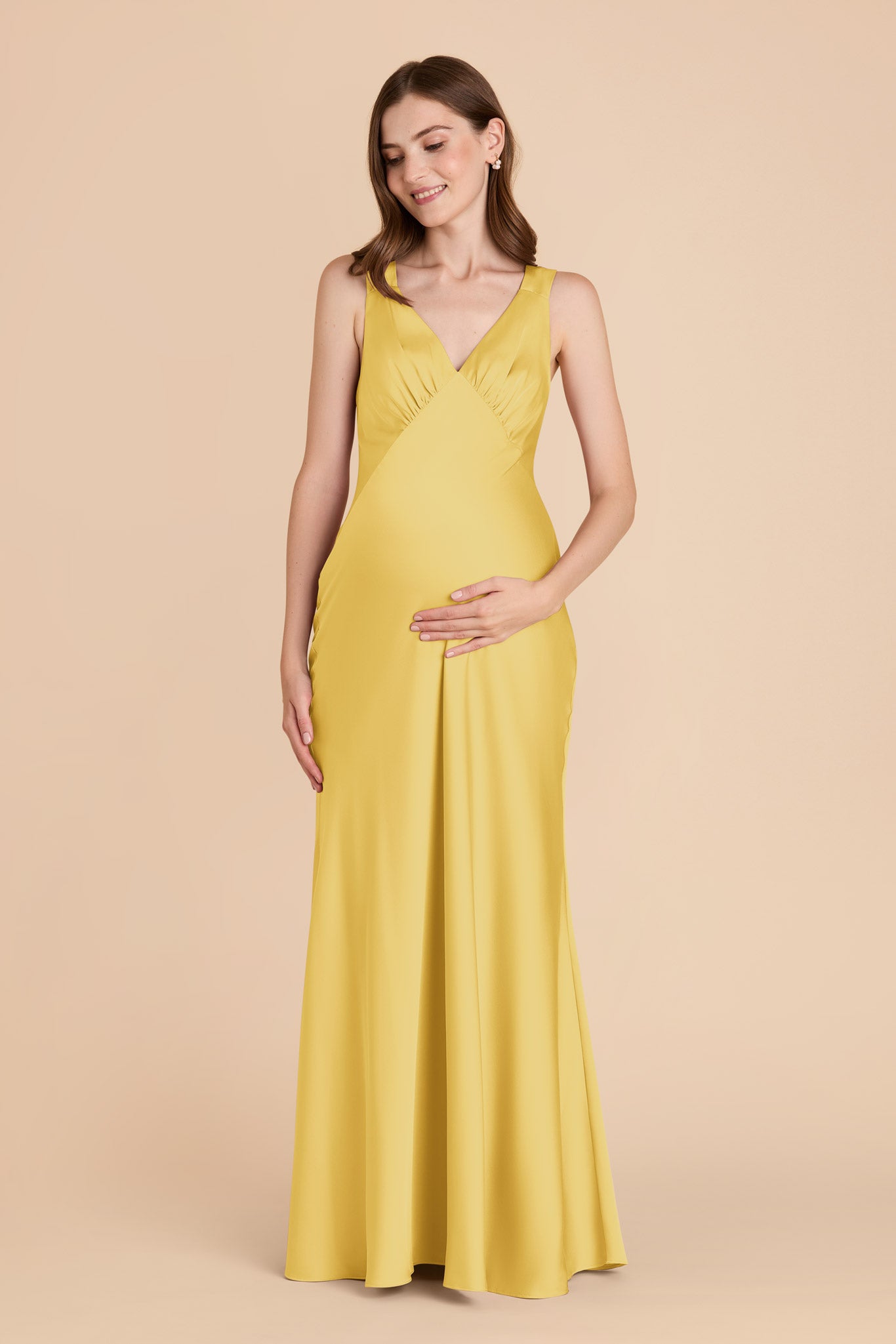 Flowy V-Neck Satin Dress in Sunflower Yellow | Veronica