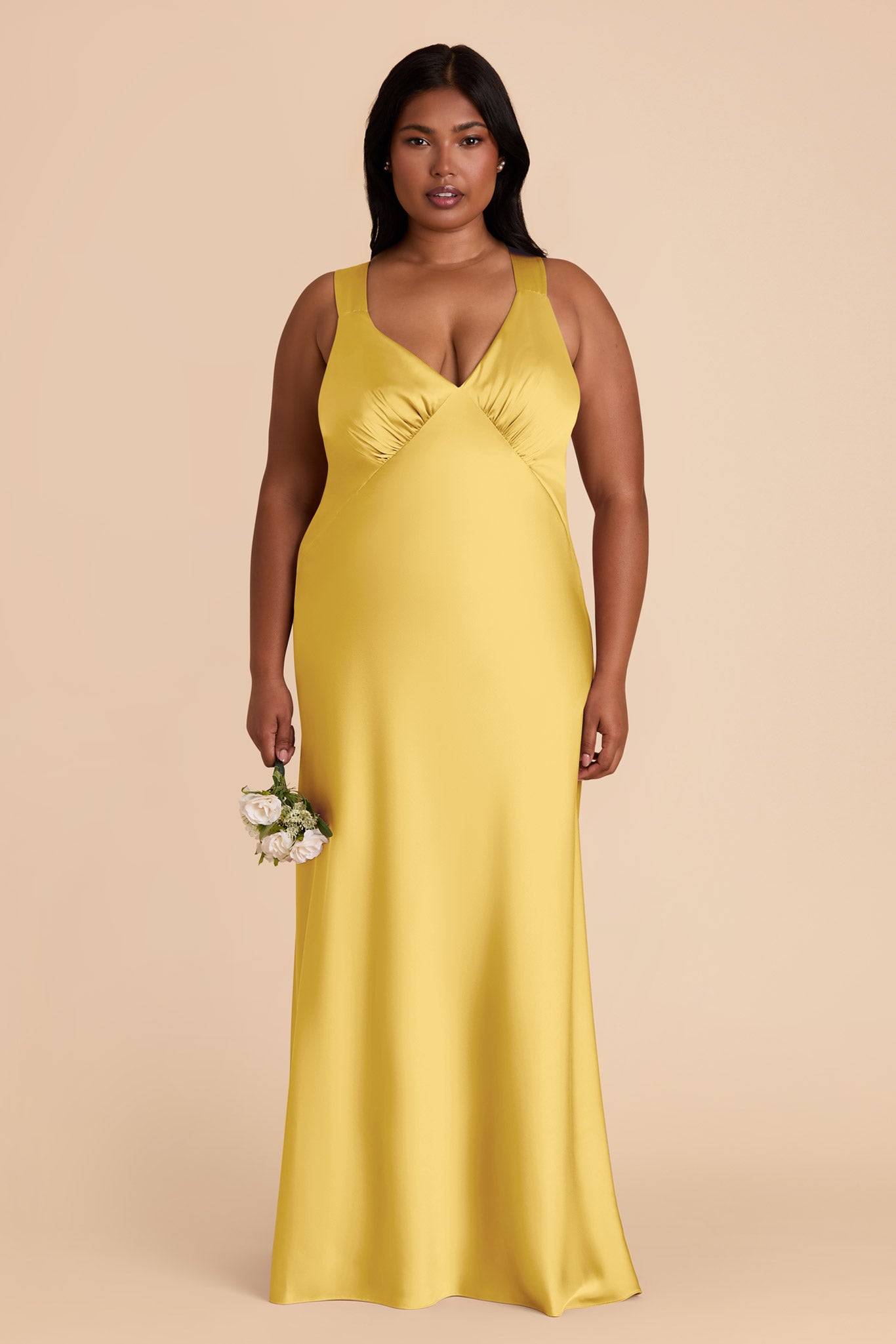 Flowy V-Neck Satin Dress in Sunflower Yellow | Veronica