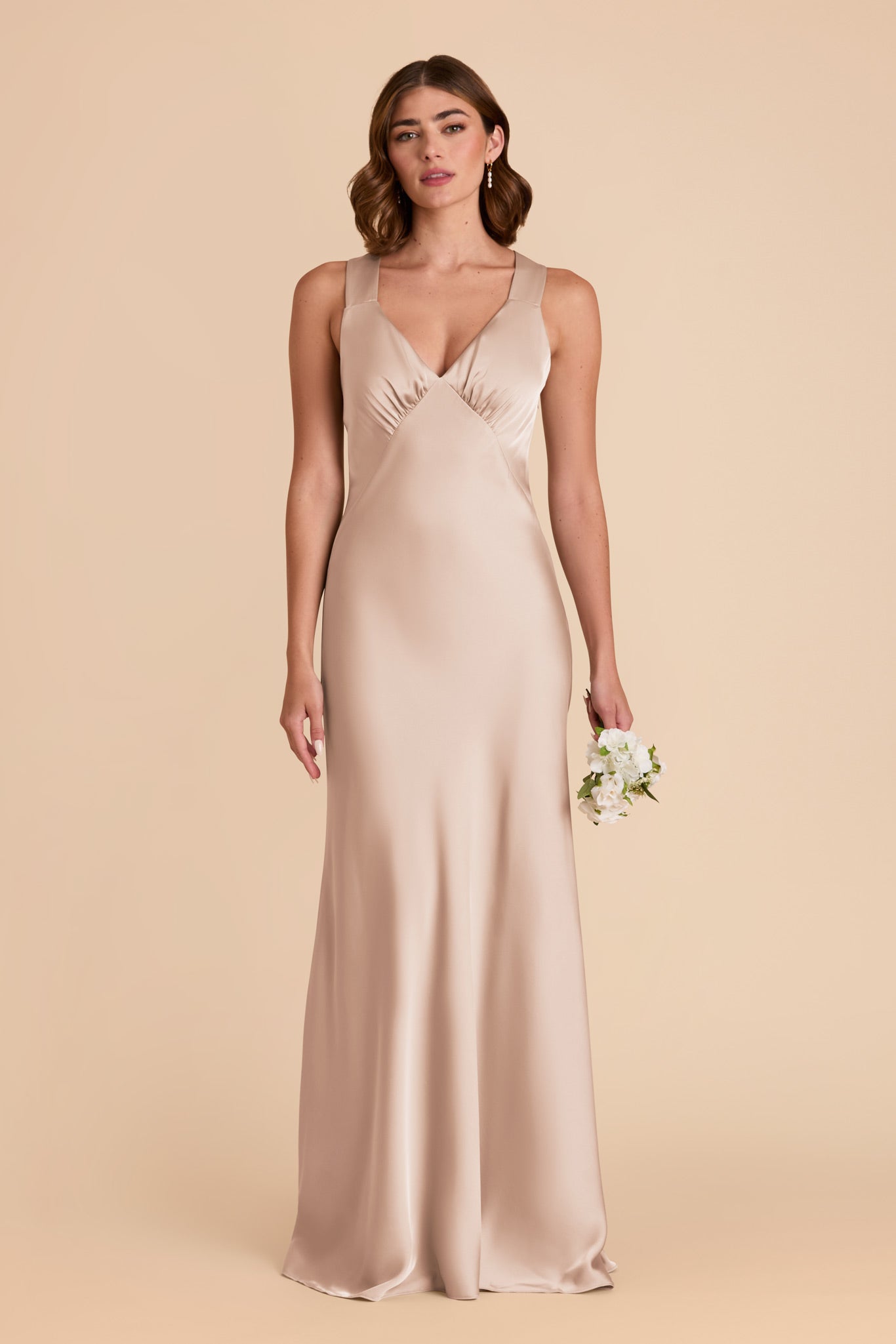 Taupe Satin V-Neck A-Line Dress for Women | Veronica Matte