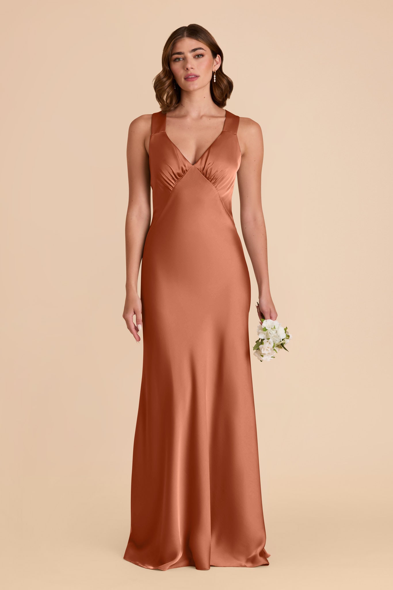 Terracotta V-Neck Satin A-Line Dress | Veronica