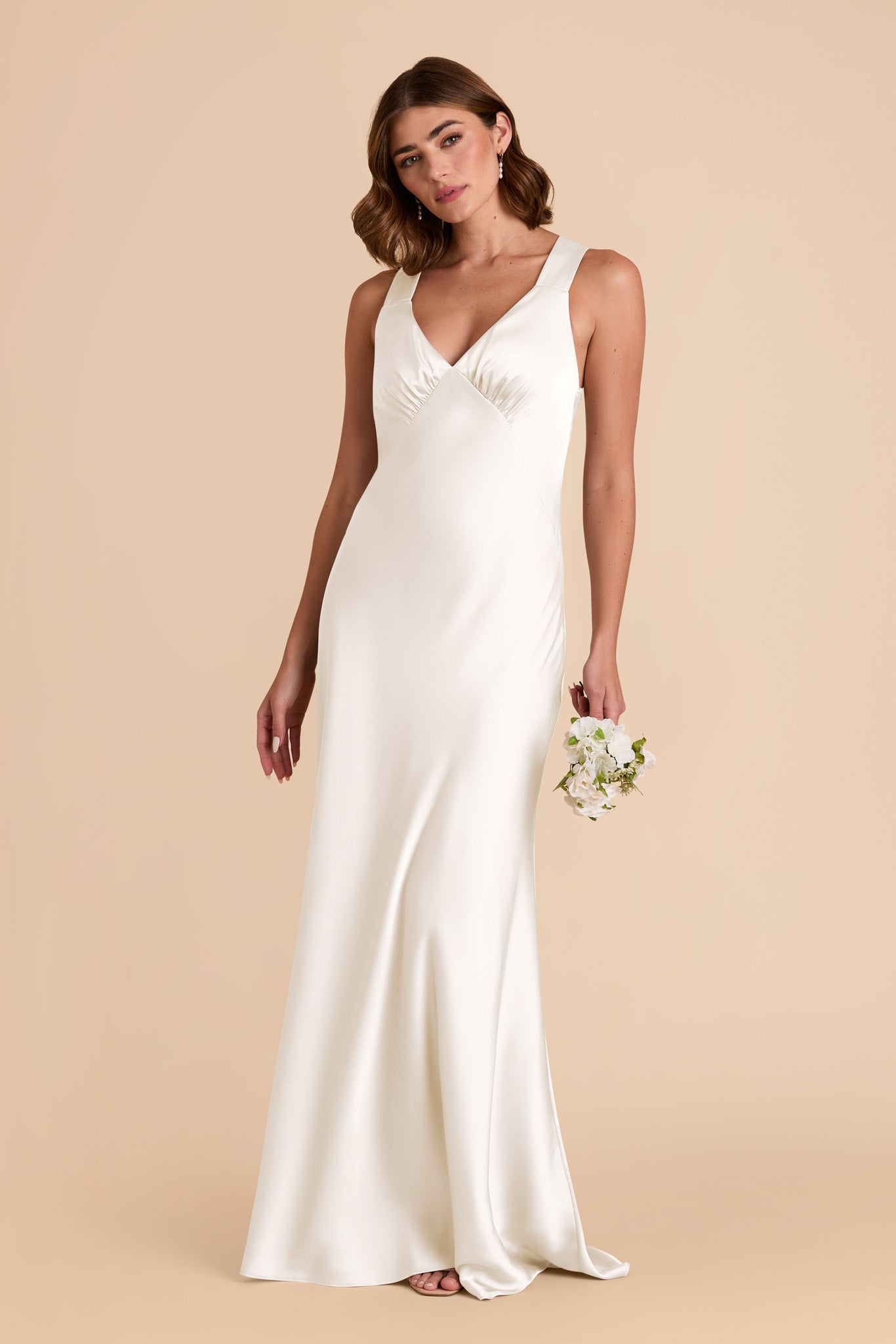 White Satin V-Neck A-Line Dress for Women | Veronica Matte
