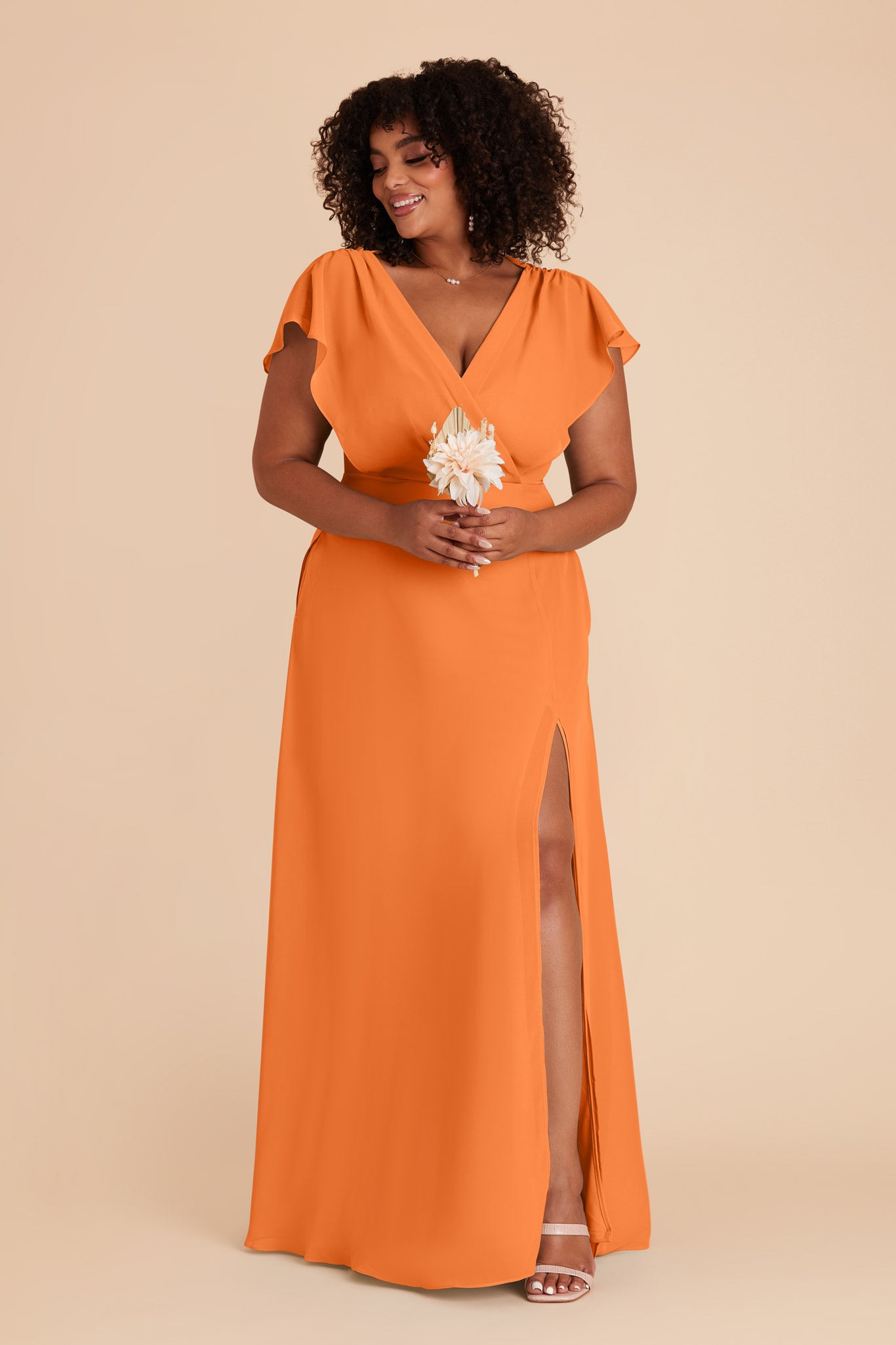 Floor-Length Chiffon Gown with Ruffled Sleeves | Violet & Apricot
