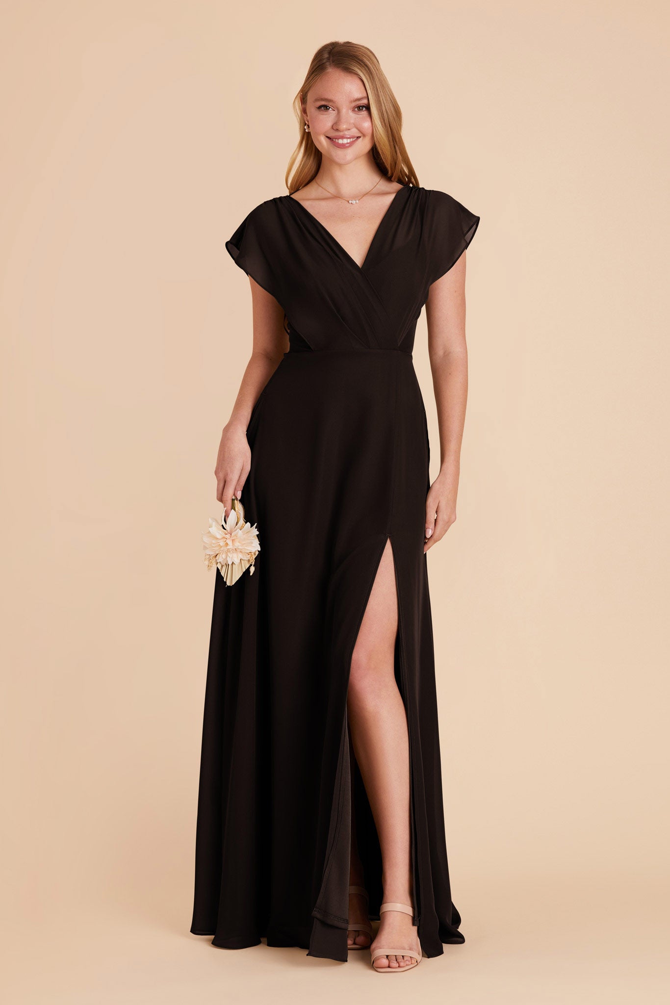 Black A-Line Chiffon Gown with Ruffled Sleeves | Violet Dress