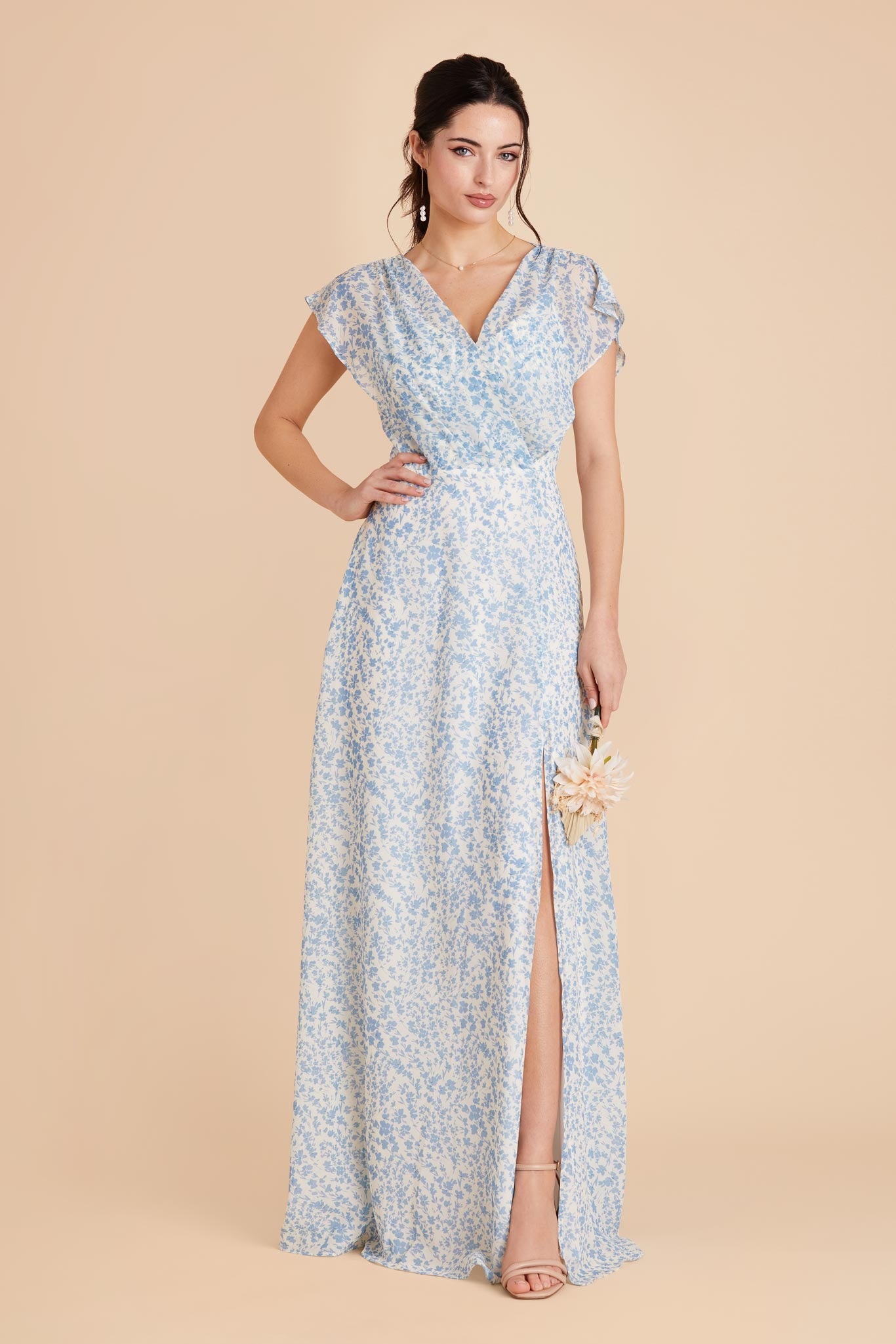 Floor-Length Chiffon Gown with Ruffled Sleeves | Violet A-Line Dress