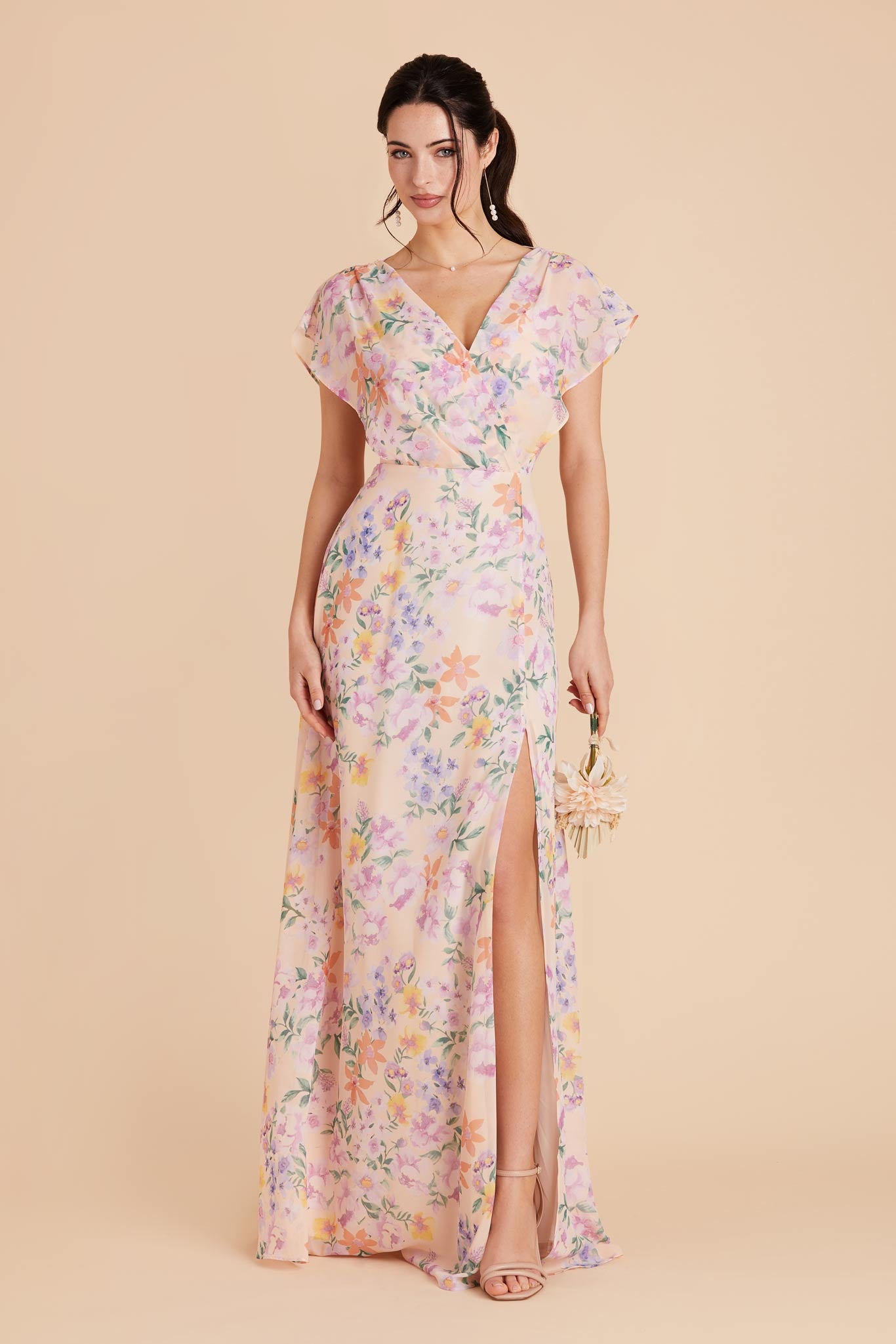 Floor-Length Chiffon Dress with Ruffled Sleeves | Violet Botanical Blooms