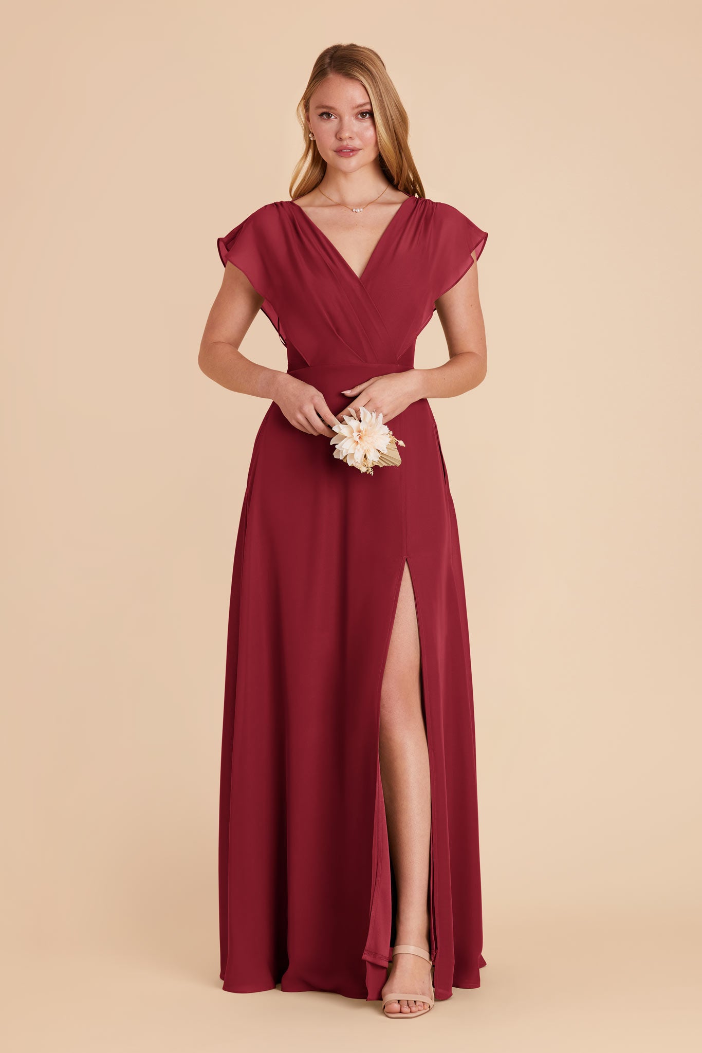 Floor-Length Chiffon Gown with Ruffle Sleeves | Violet & Burgundy