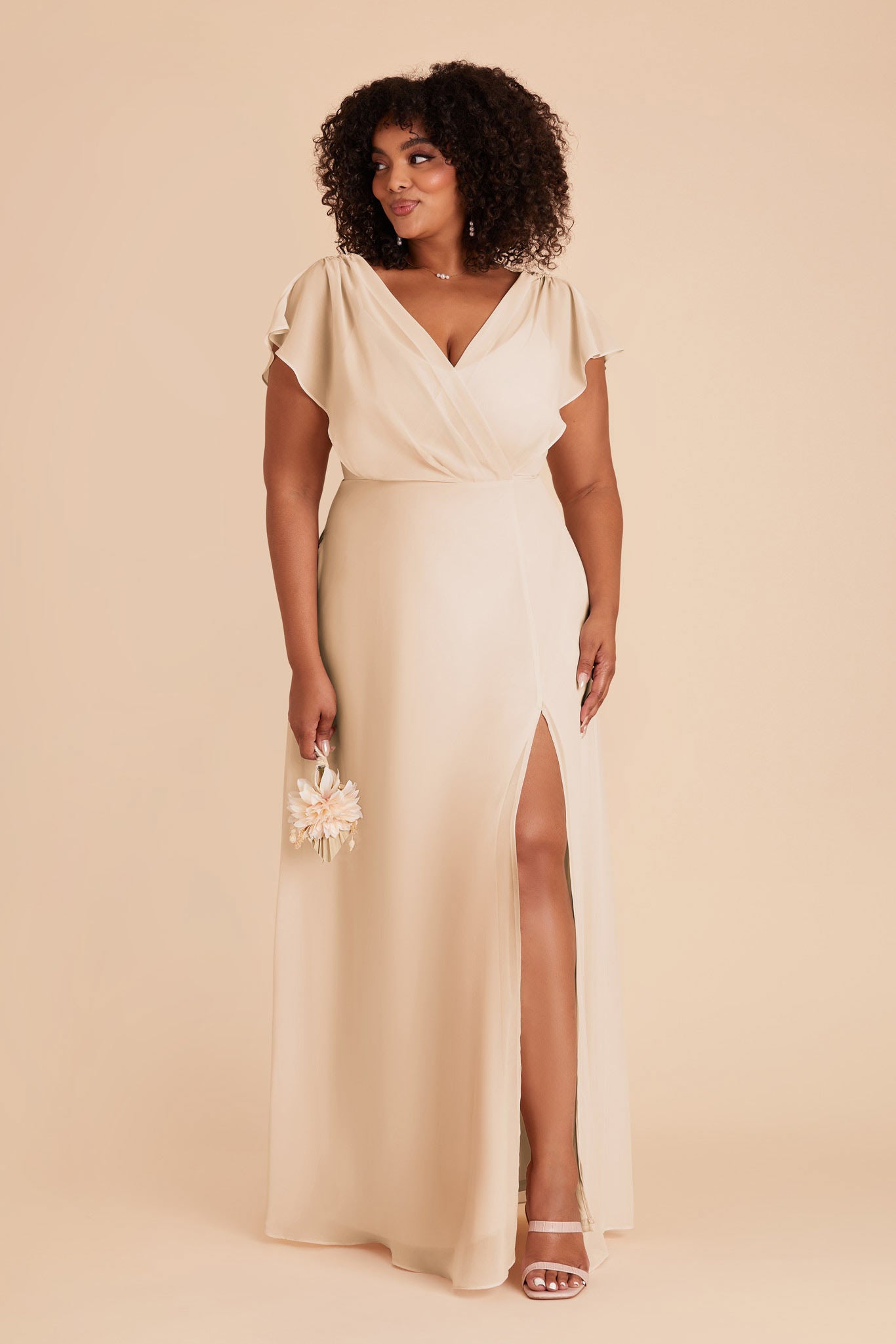 Floor-Length Chiffon Gown with Ruffled Sleeves | Violet & Champagne