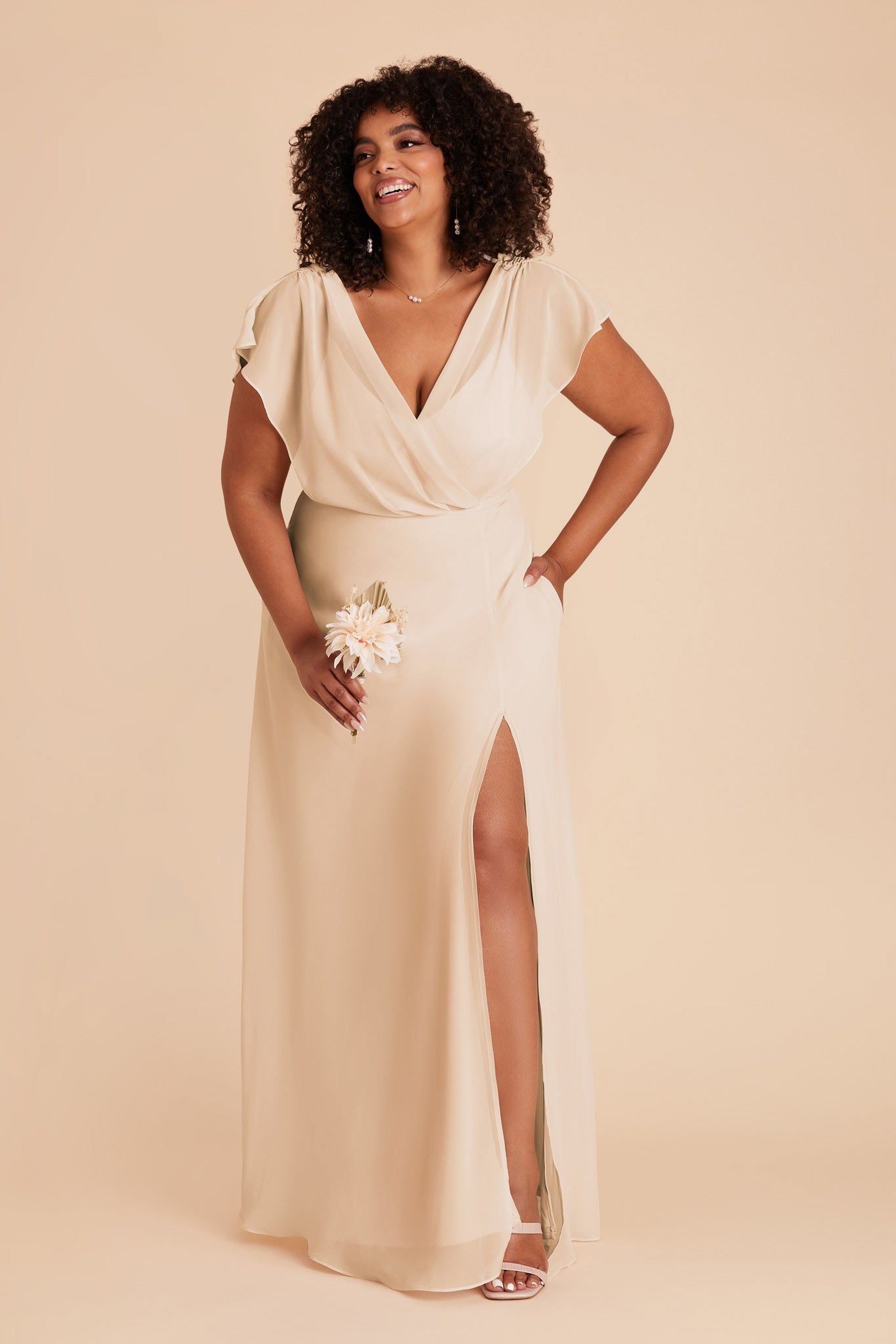 Floor-Length Chiffon Gown with Ruffled Sleeves | Violet & Champagne