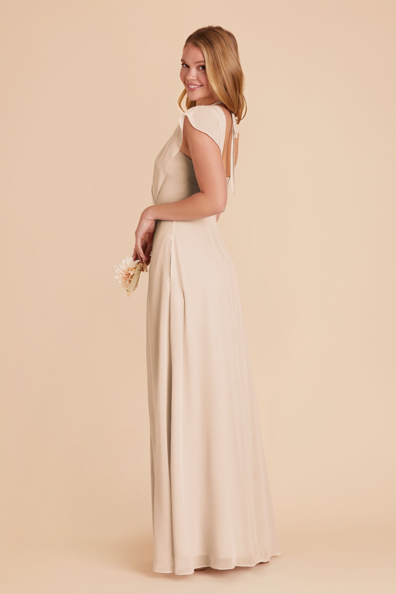 Floor-Length Chiffon Gown with Ruffled Sleeves | Violet & Champagne