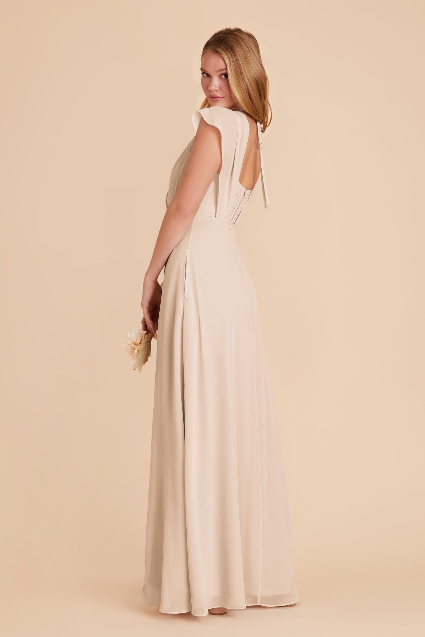 Floor-Length Chiffon Gown with Ruffled Sleeves | Violet & Champagne