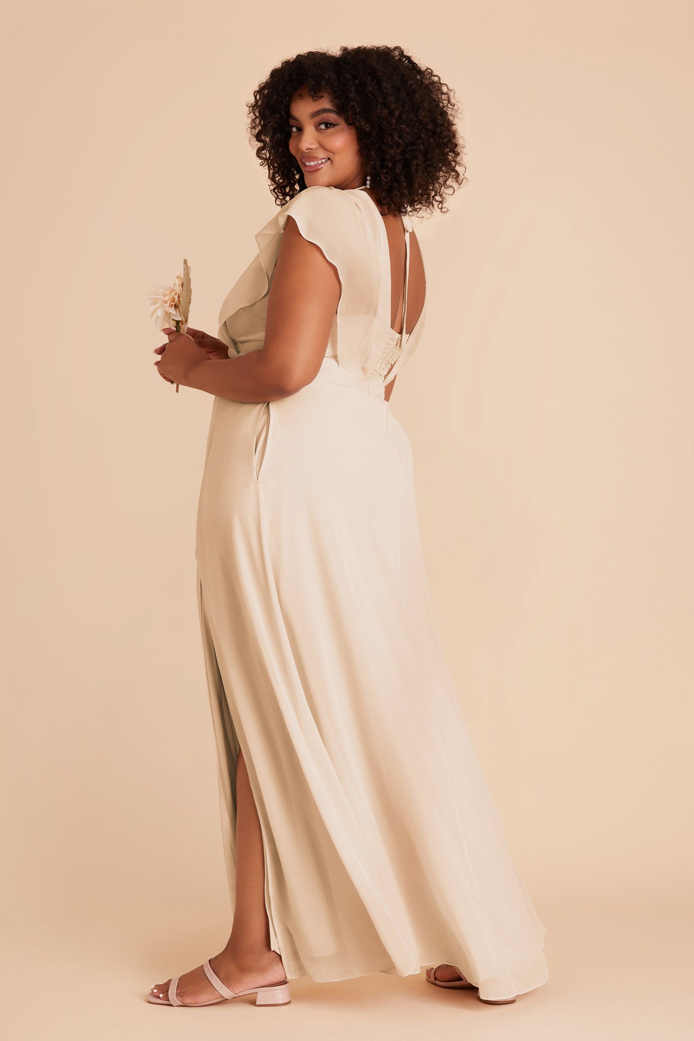 Floor-Length Chiffon Gown with Ruffled Sleeves | Violet & Champagne