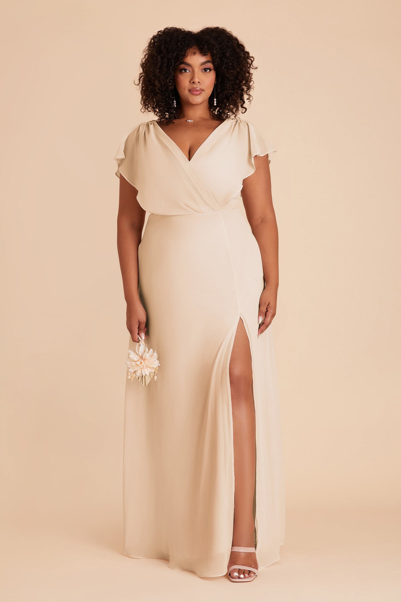 Floor-Length Chiffon Gown with Ruffled Sleeves | Violet & Champagne