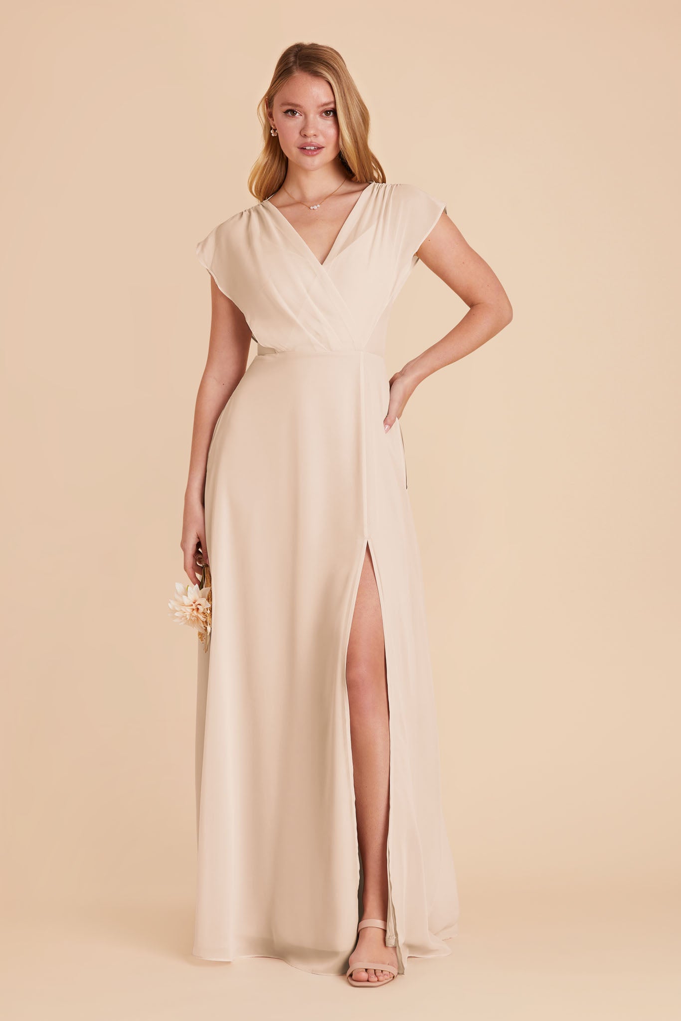 Floor-Length Chiffon Gown with Ruffled Sleeves | Violet & Champagne