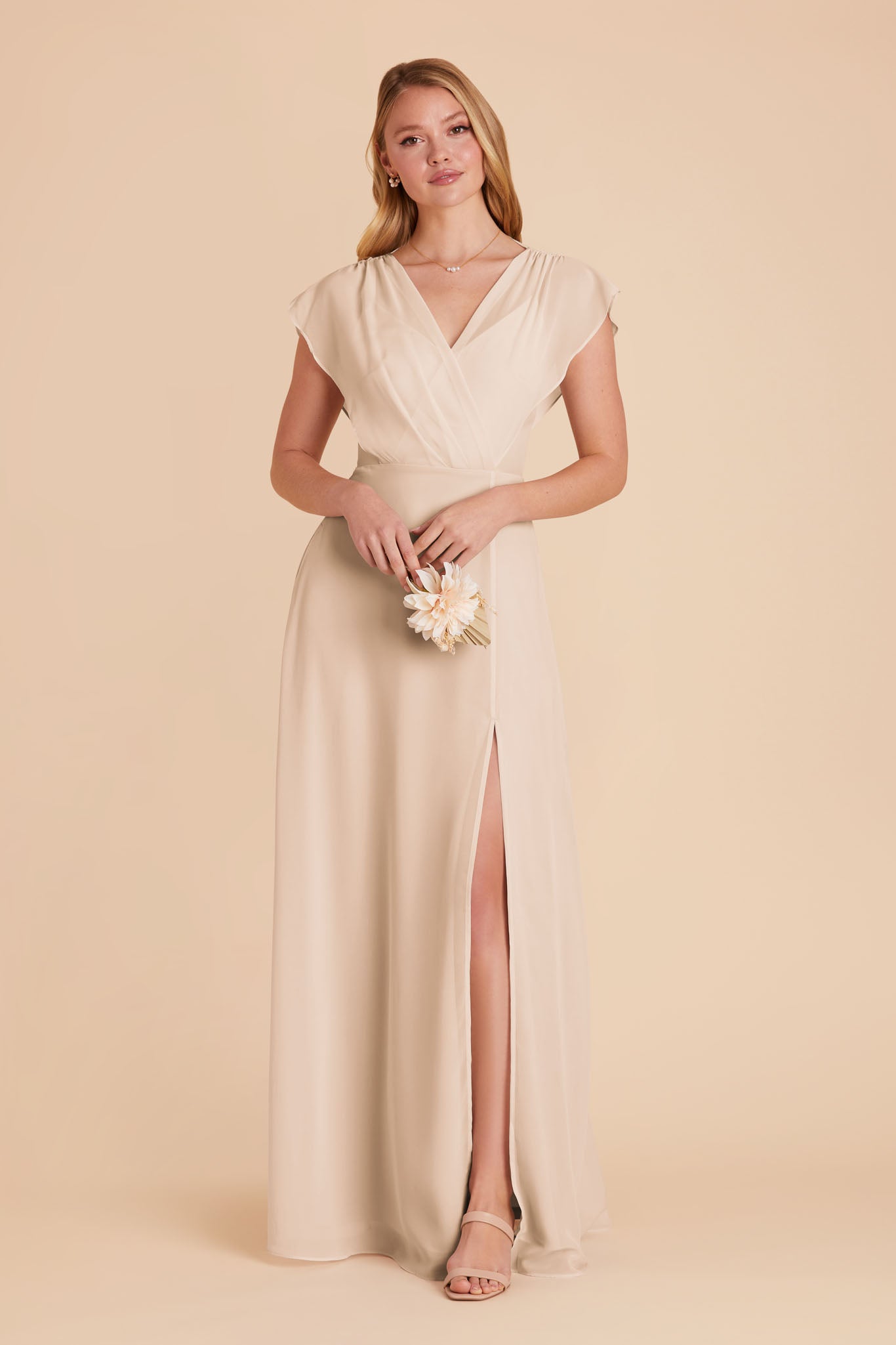 Floor-Length Chiffon Gown with Ruffled Sleeves | Violet & Champagne