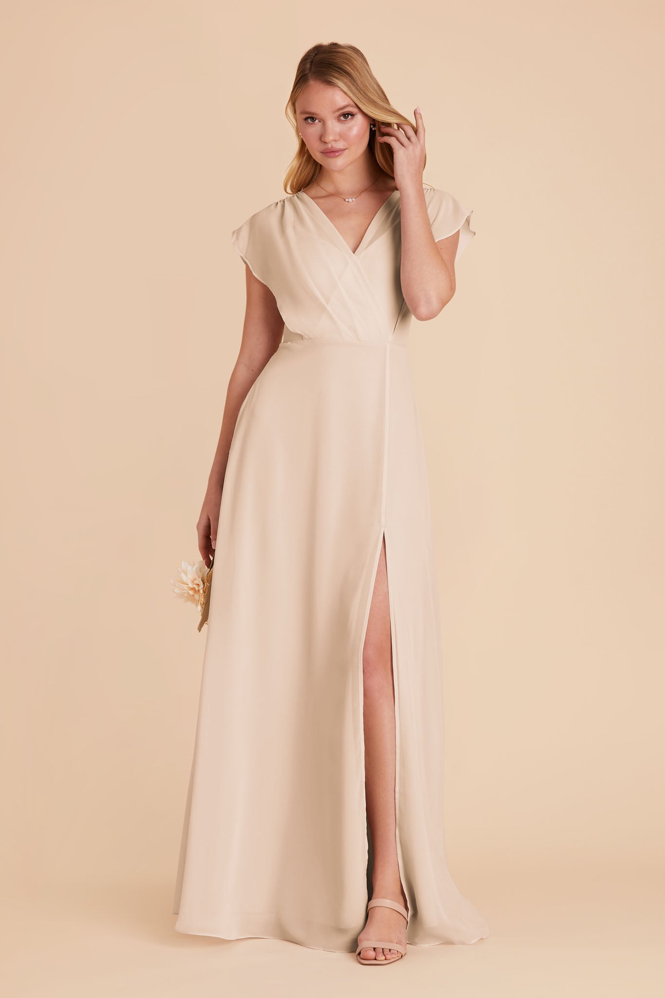 Floor-Length Chiffon Gown with Ruffled Sleeves | Violet & Champagne