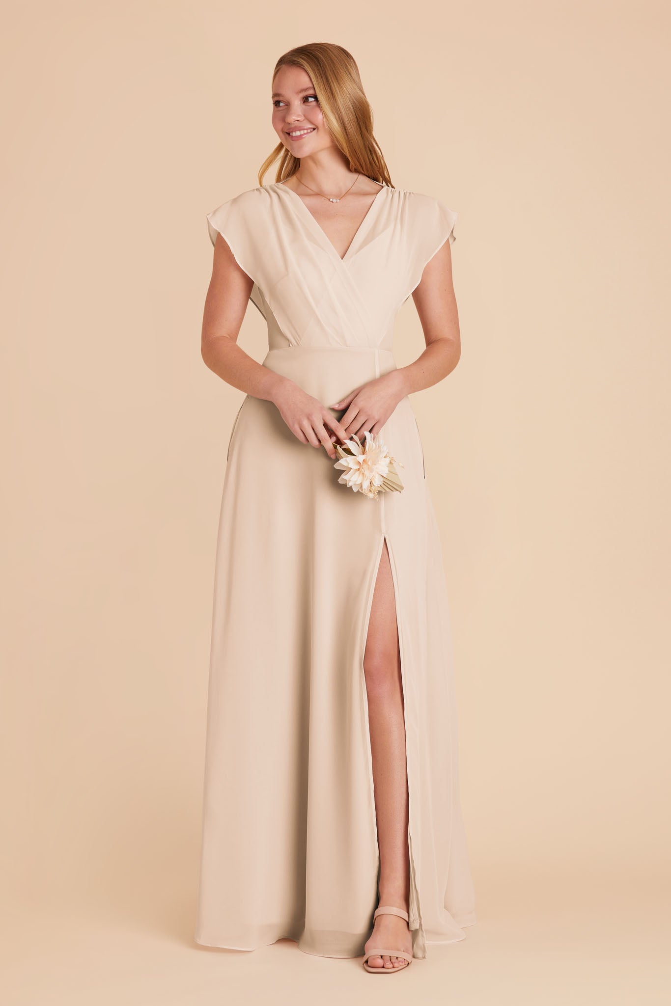 Floor-Length Chiffon Gown with Ruffled Sleeves | Violet & Champagne