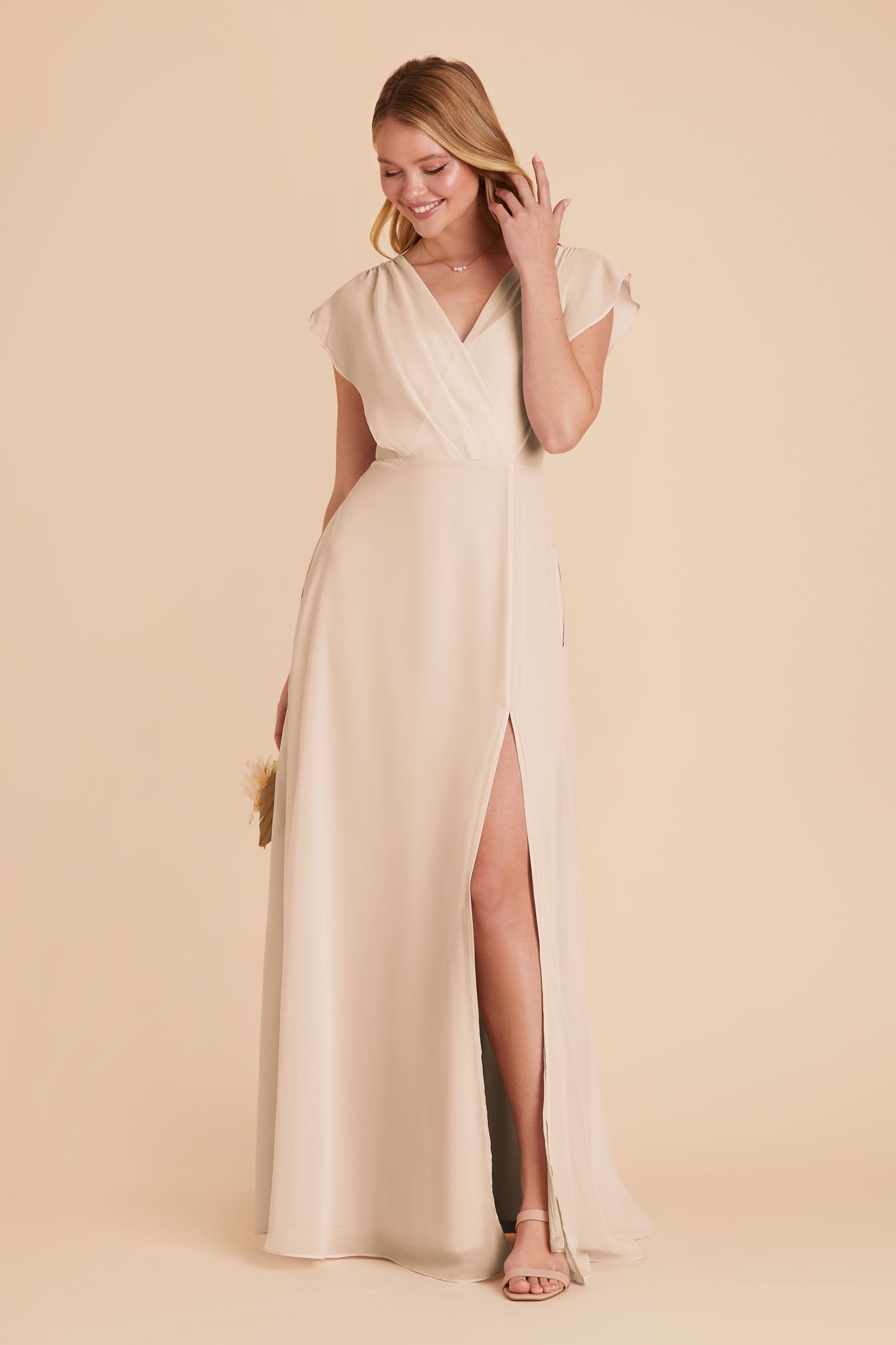 Floor-Length Chiffon Gown with Ruffled Sleeves | Violet & Champagne