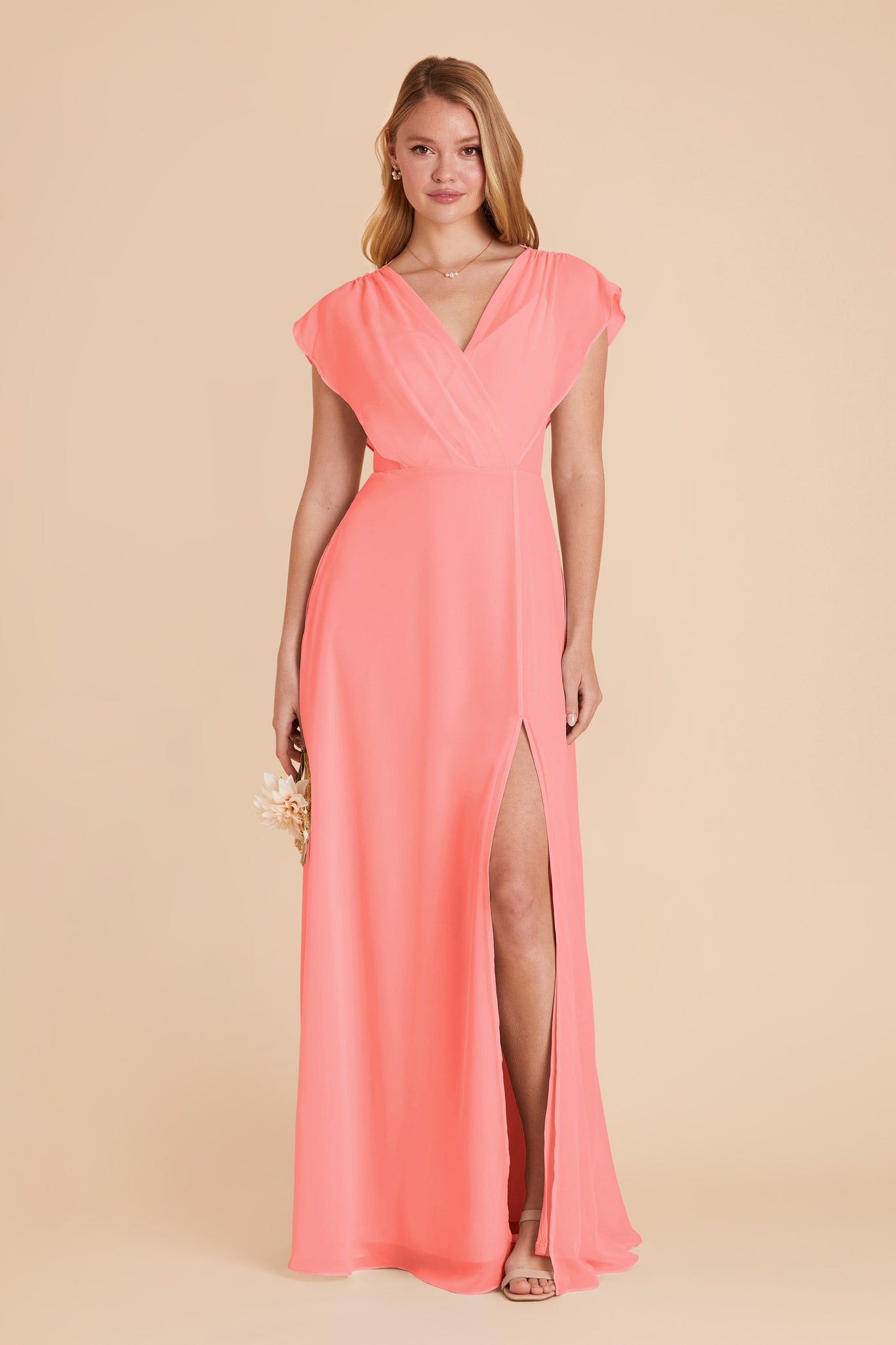 Floor-Length Chiffon Gown with Ruffled Sleeves | Violet & Coral Pink