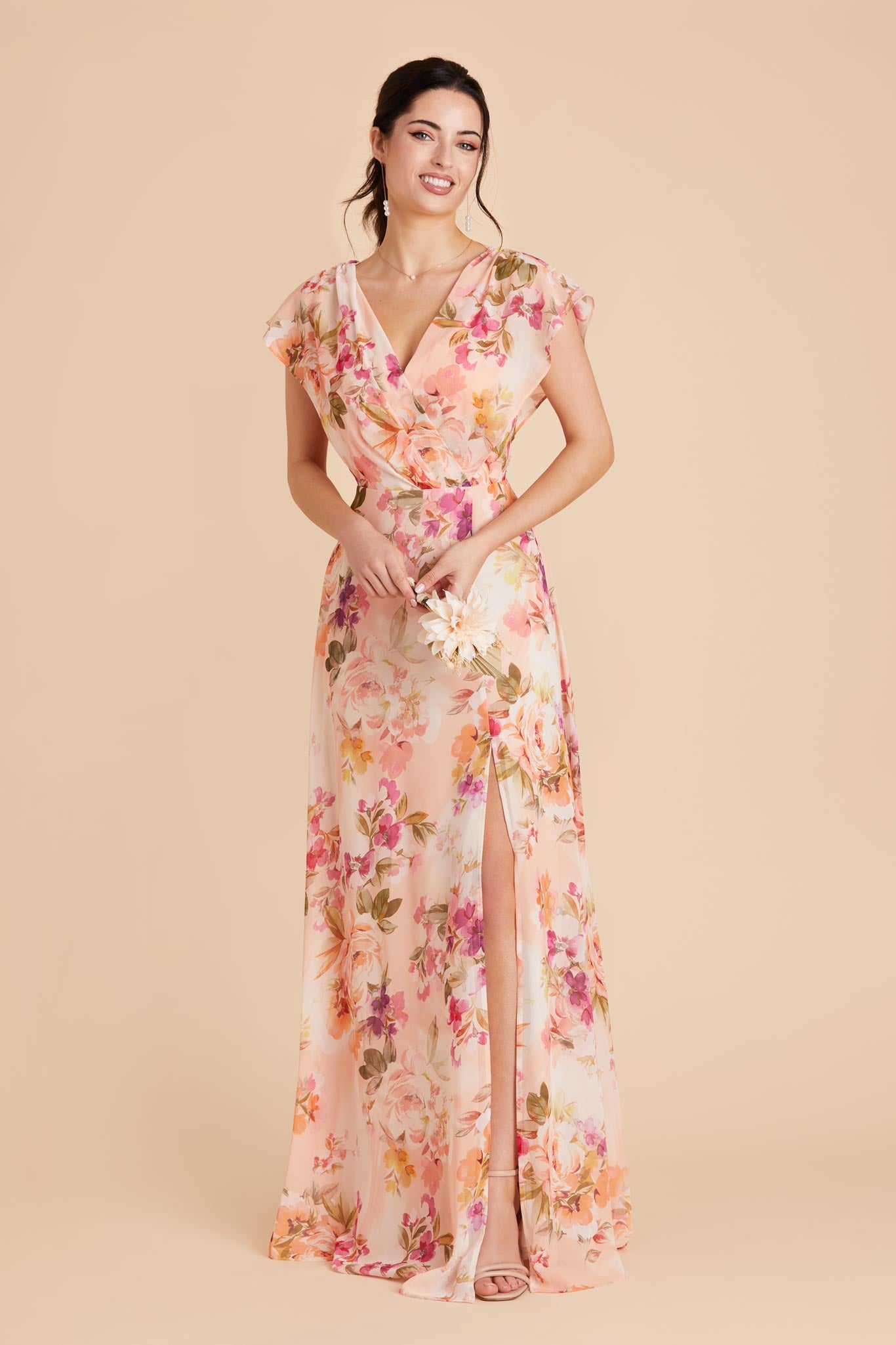 Floor-Length Chiffon Gown with Ruffled Sleeves | Violet Coral Sunset