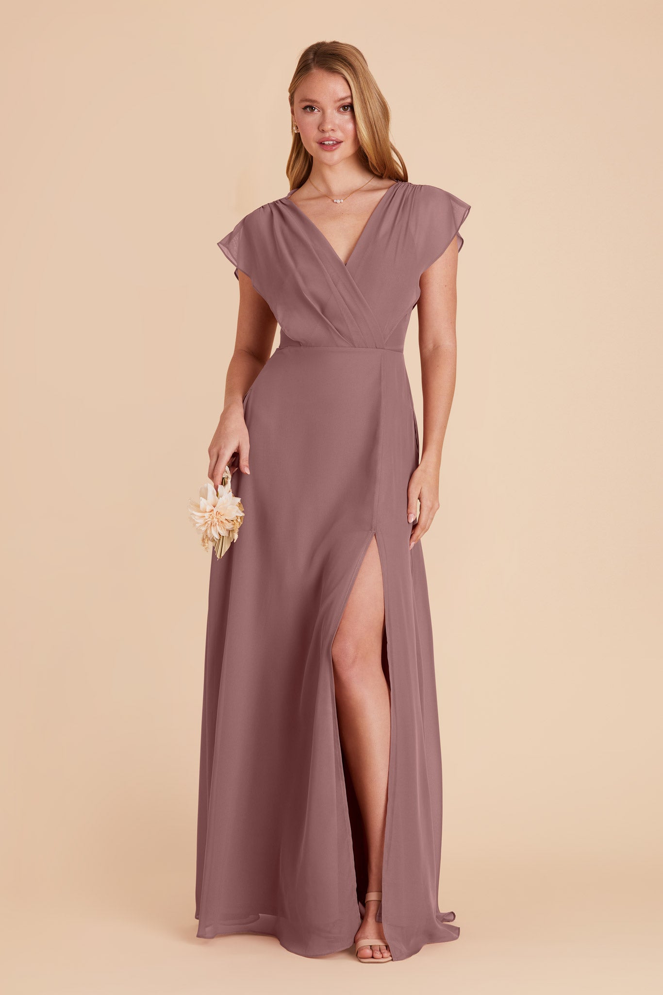 Dark Mauve Chiffon Gown with Ruffled Sleeves | A-Line Floor-Length Dress