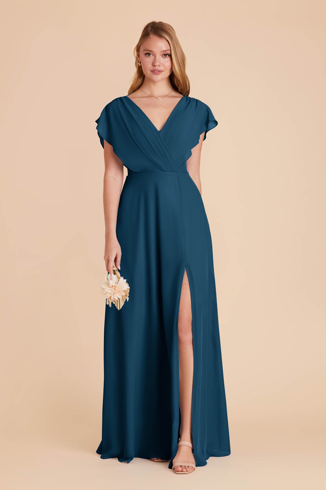 Floor-Length Chiffon Gown with Ruffled Sleeves | Violet & Dark Teal