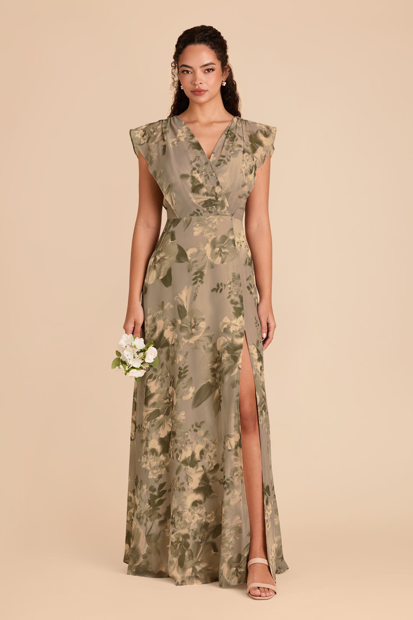Floor-Length Chiffon Gown with Ruffle Sleeves | Doe Painted Botanics