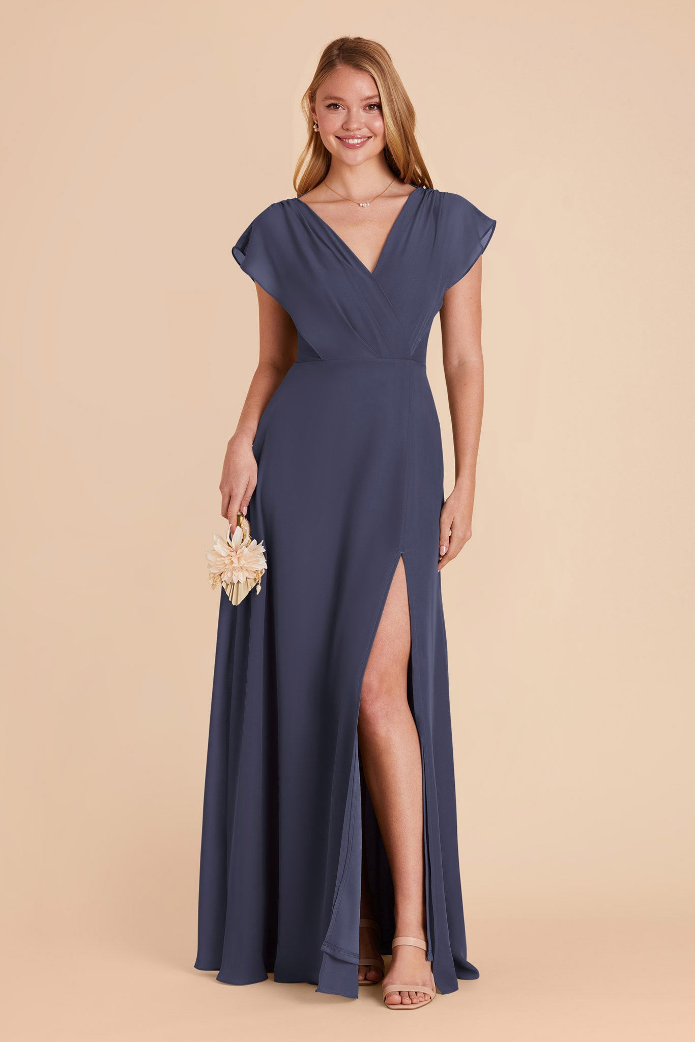 Floor-Length Chiffon Gown with Ruffle Sleeves | Violet & Dusk Blue