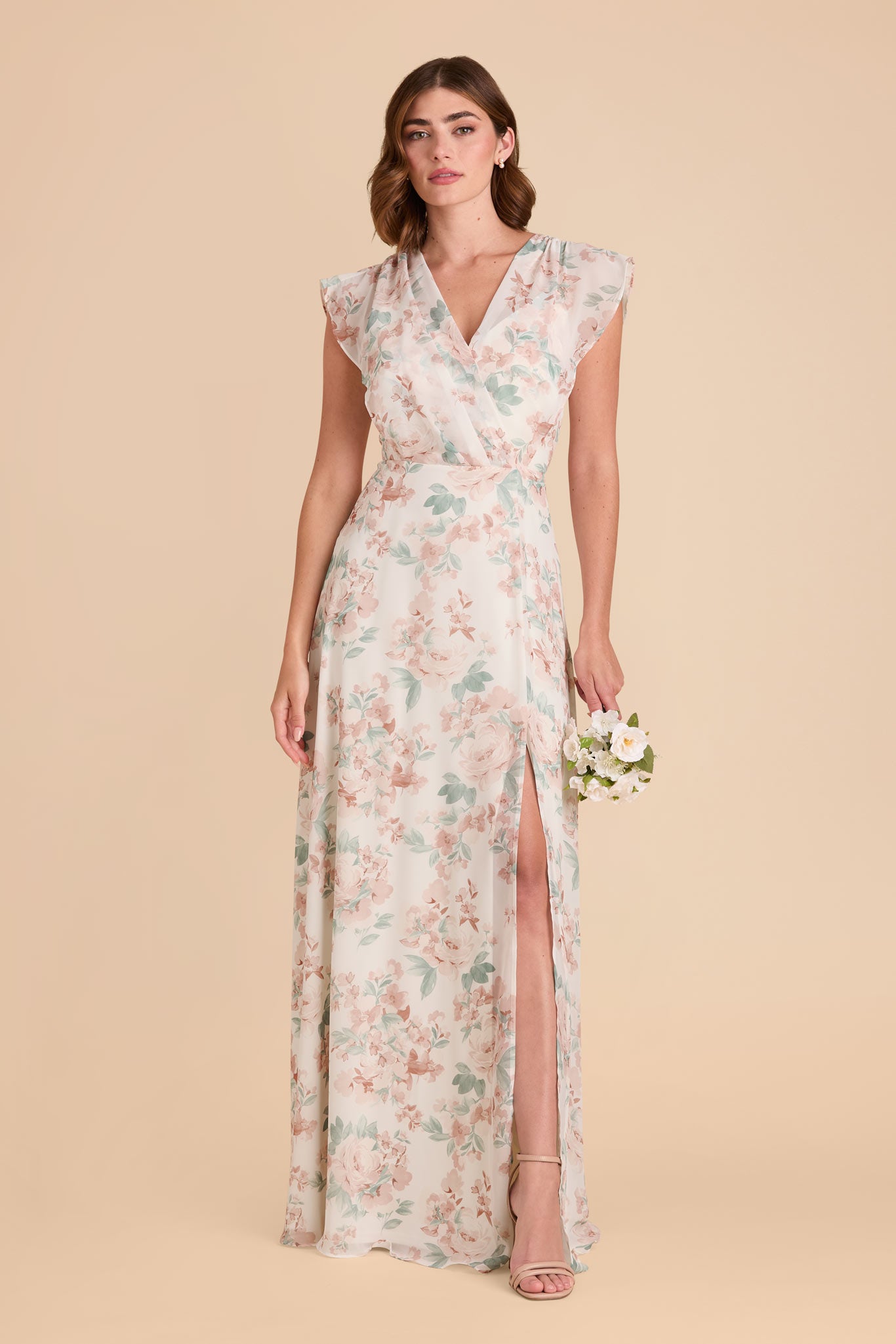 Floor-Length Chiffon Gown with Ruffled Sleeves | Violet A-Line Dress