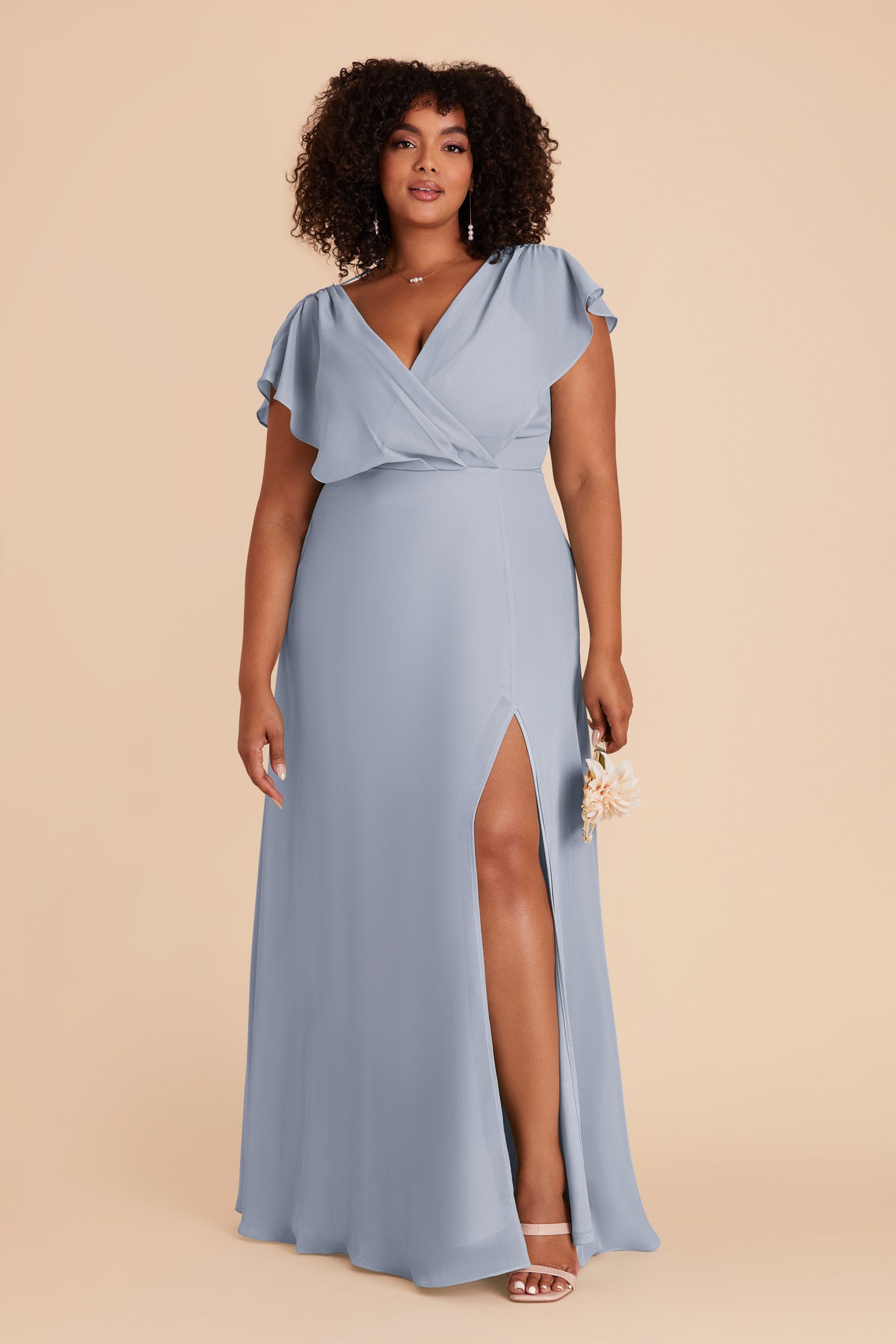 Floor-Length Chiffon Gown with Ruffled Sleeves | Violet & Dusty Blue ...