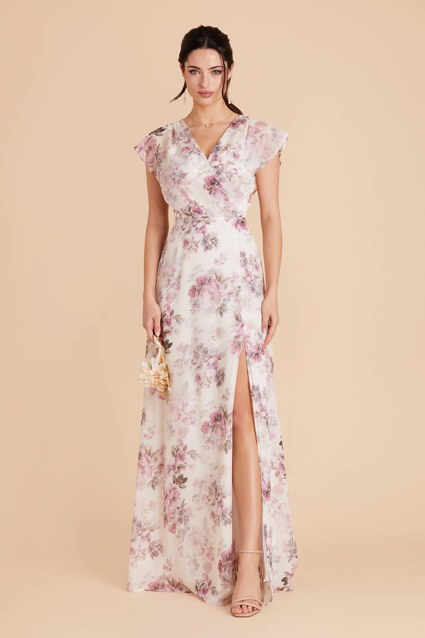 Floor-Length Chiffon Gown with Ruffled Sleeves | Violet & Dusty Pink
