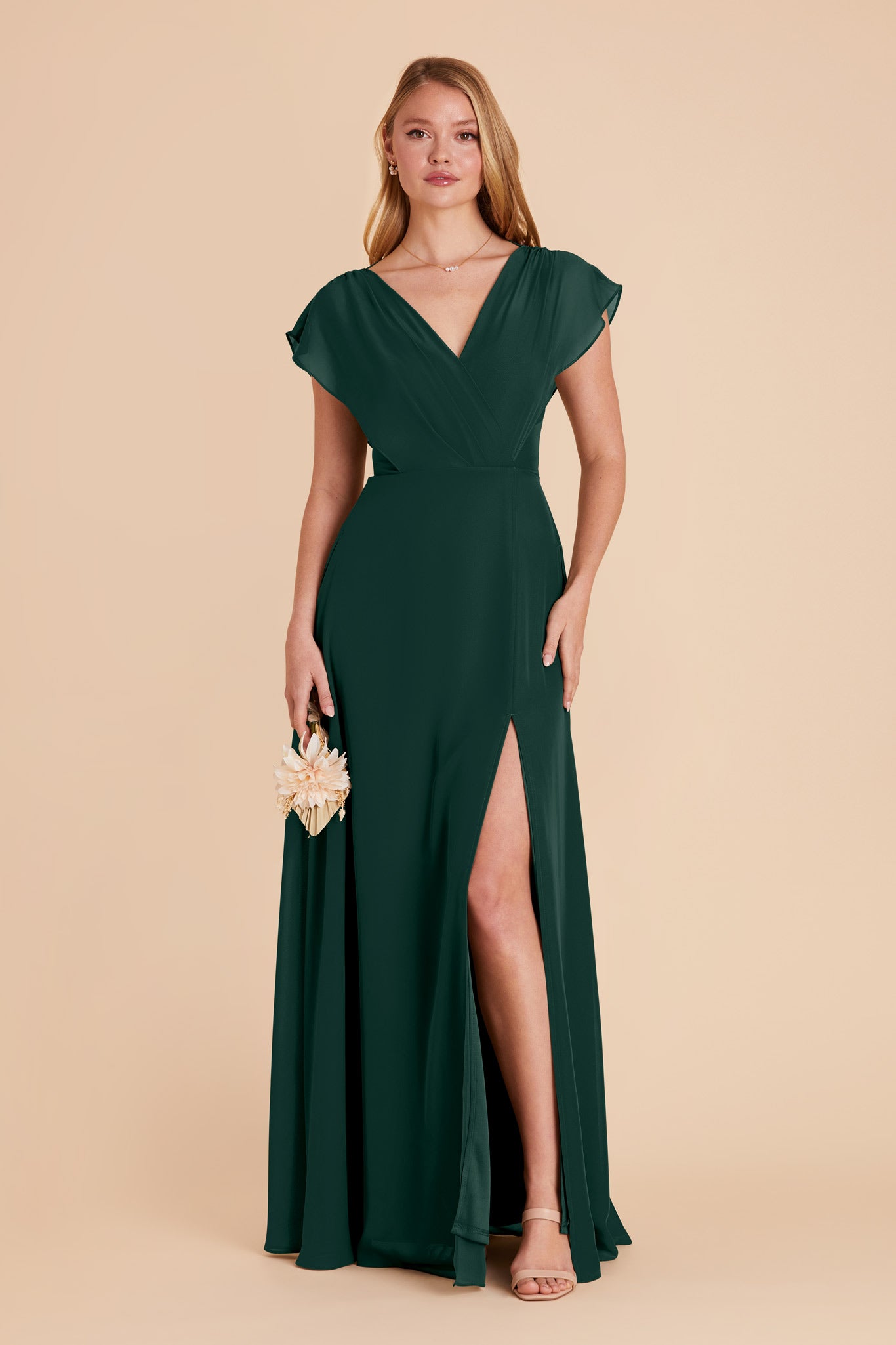 Floor-Length Chiffon Gown with Ruffled Sleeves | Violet & Emerald