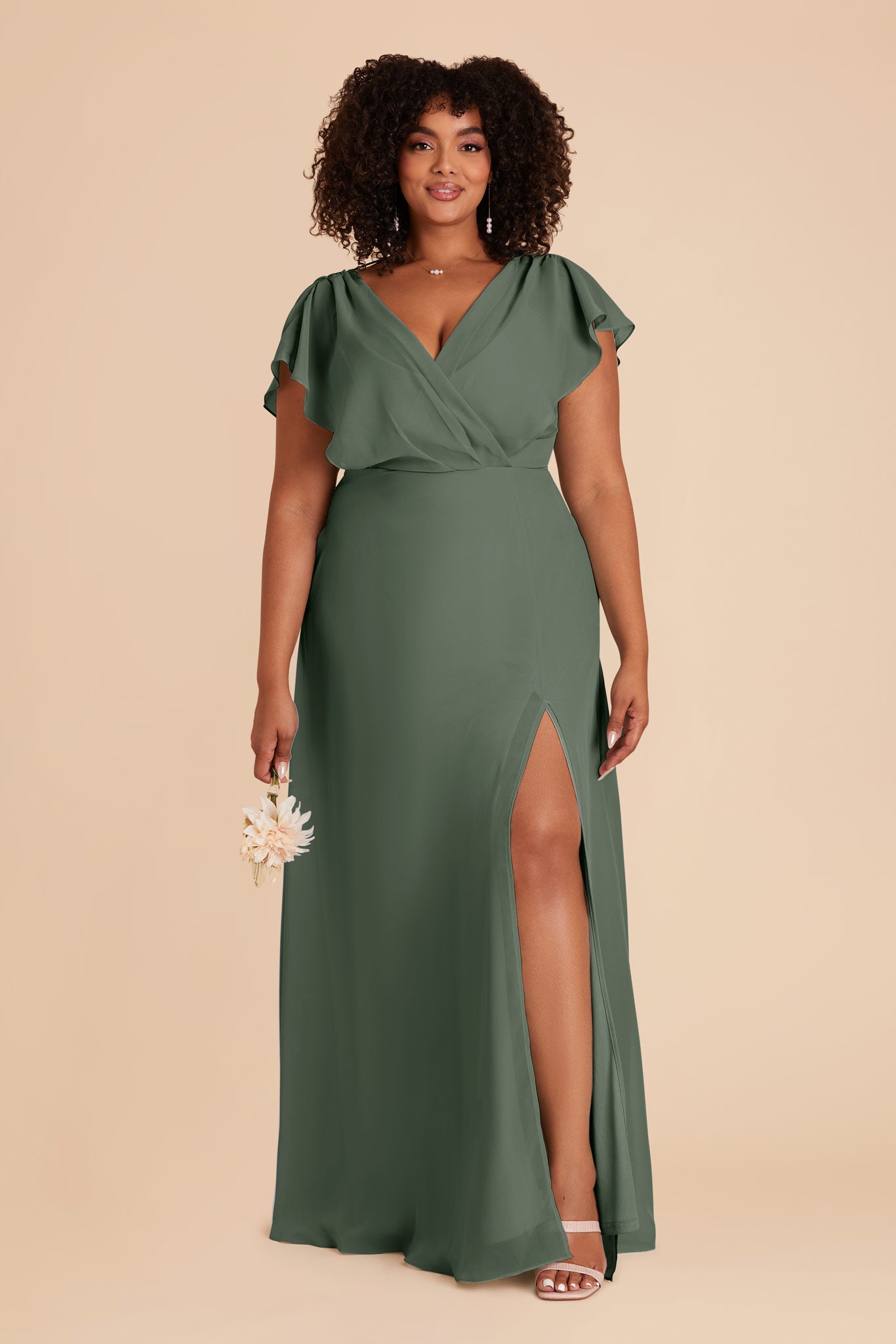 Floor-Length Chiffon Gown with Ruffled Sleeves | Violet & Eucalyptus