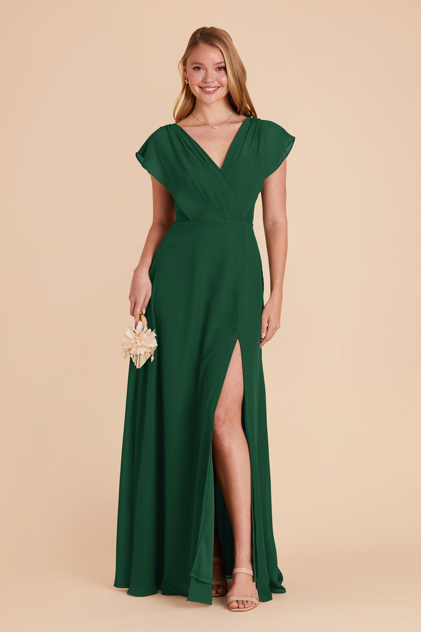 Floor-Length Chiffon Gown with Ruffled Sleeves | Violet & Green