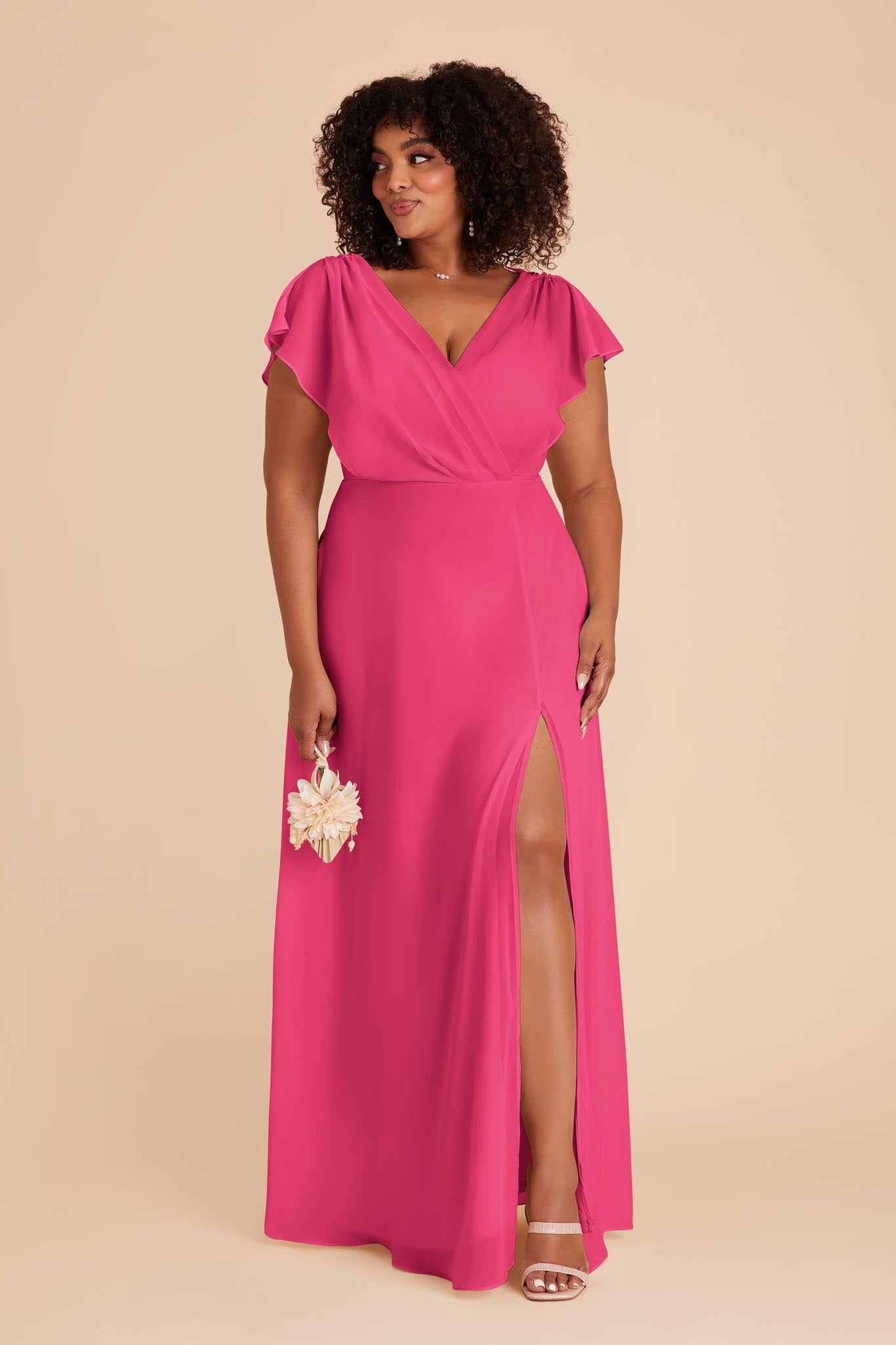 Floor-Length Chiffon Gown with Ruffled Sleeves | Violet & Fuchsia