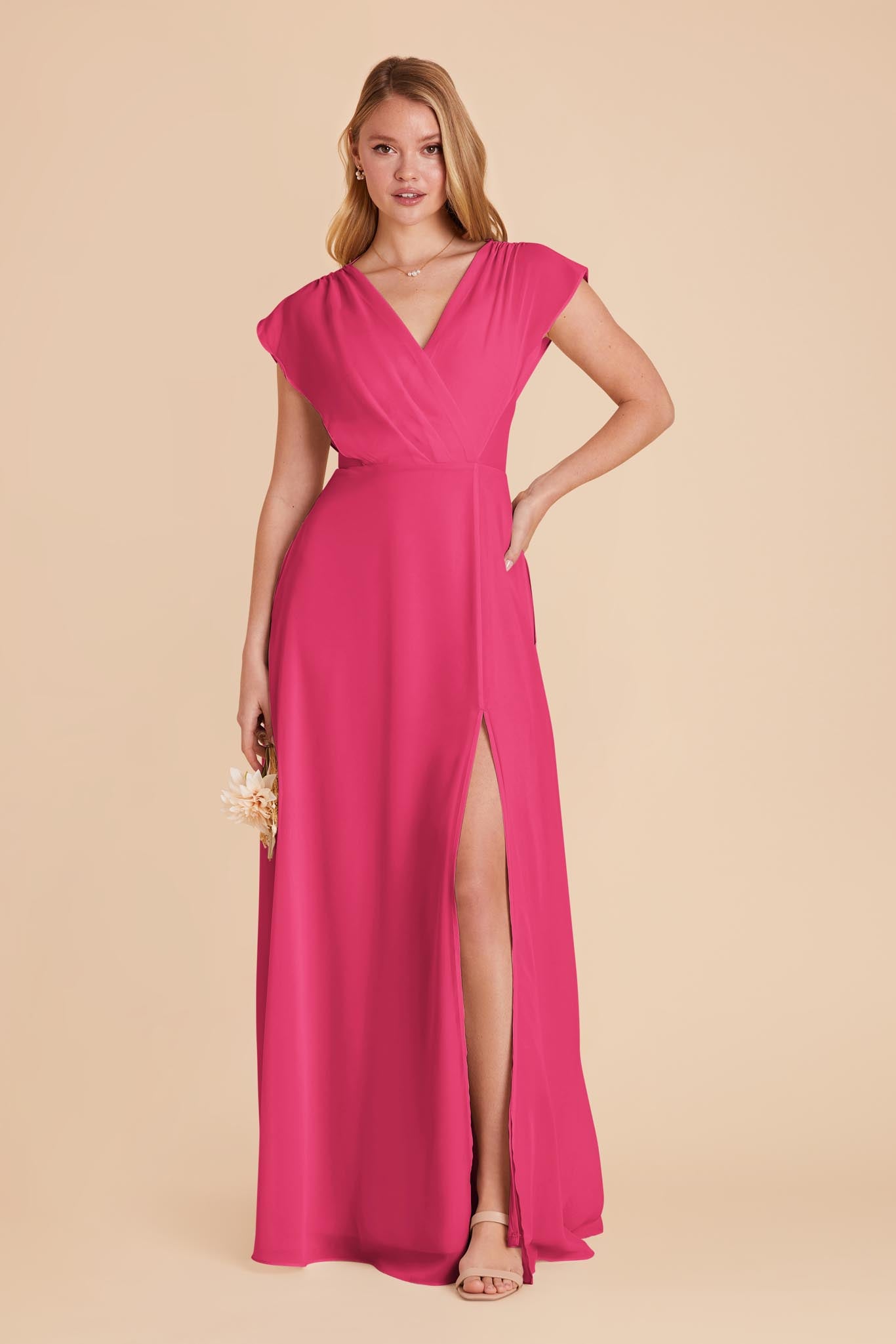 Floor-Length Chiffon Gown with Ruffled Sleeves | Violet & Fuchsia