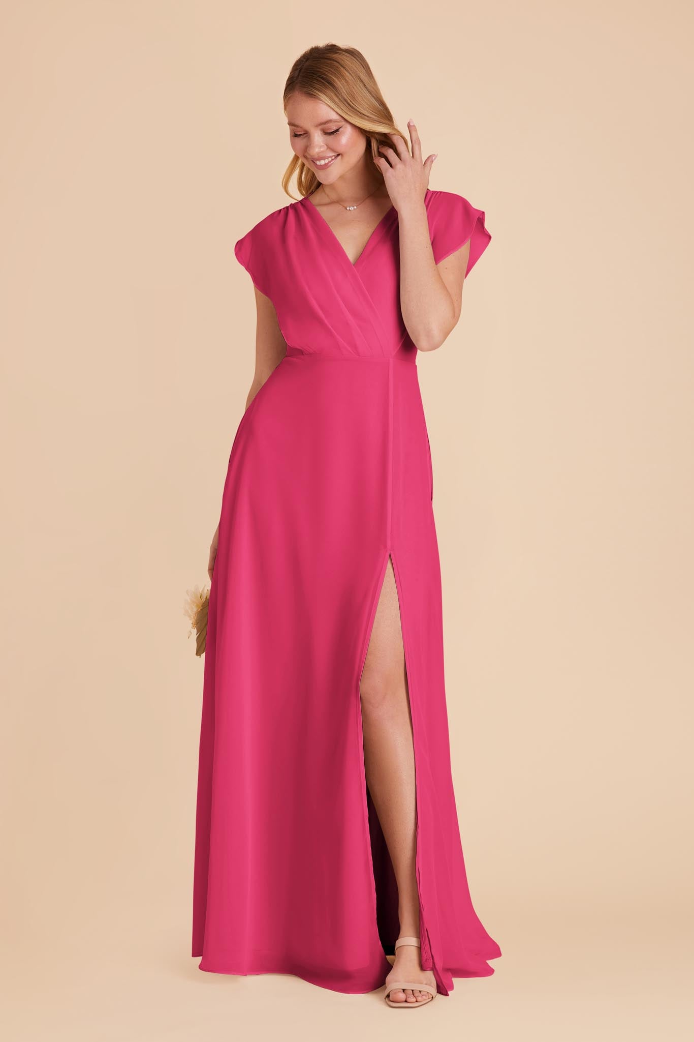 Floor-Length Chiffon Gown with Ruffled Sleeves | Violet & Fuchsia