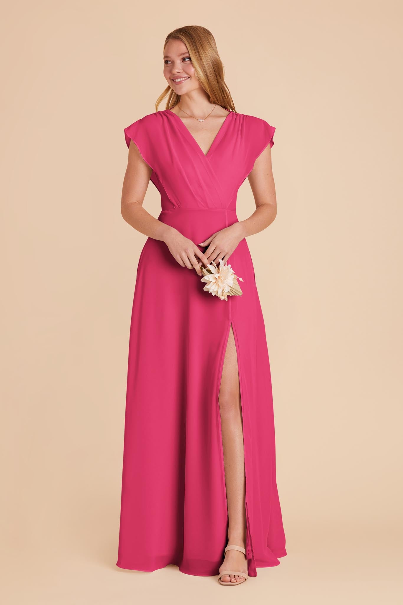 Floor-Length Chiffon Gown with Ruffled Sleeves | Violet & Fuchsia