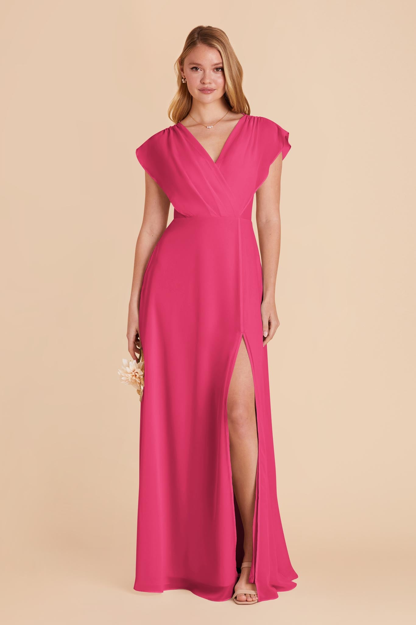 Floor-Length Chiffon Gown with Ruffled Sleeves | Violet & Fuchsia