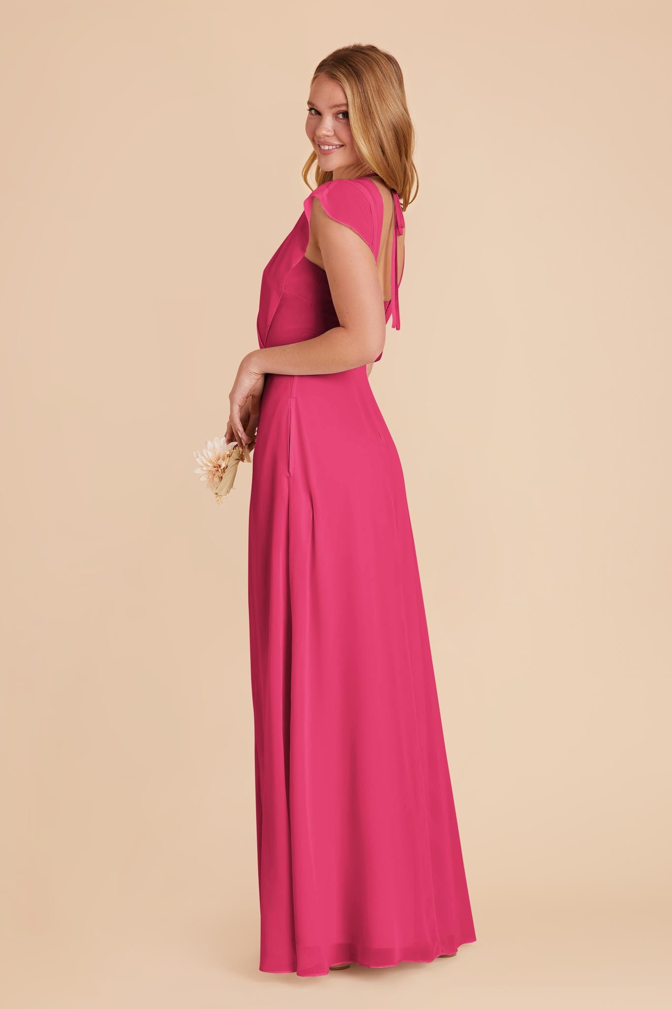 Floor-Length Chiffon Gown with Ruffled Sleeves | Violet & Fuchsia