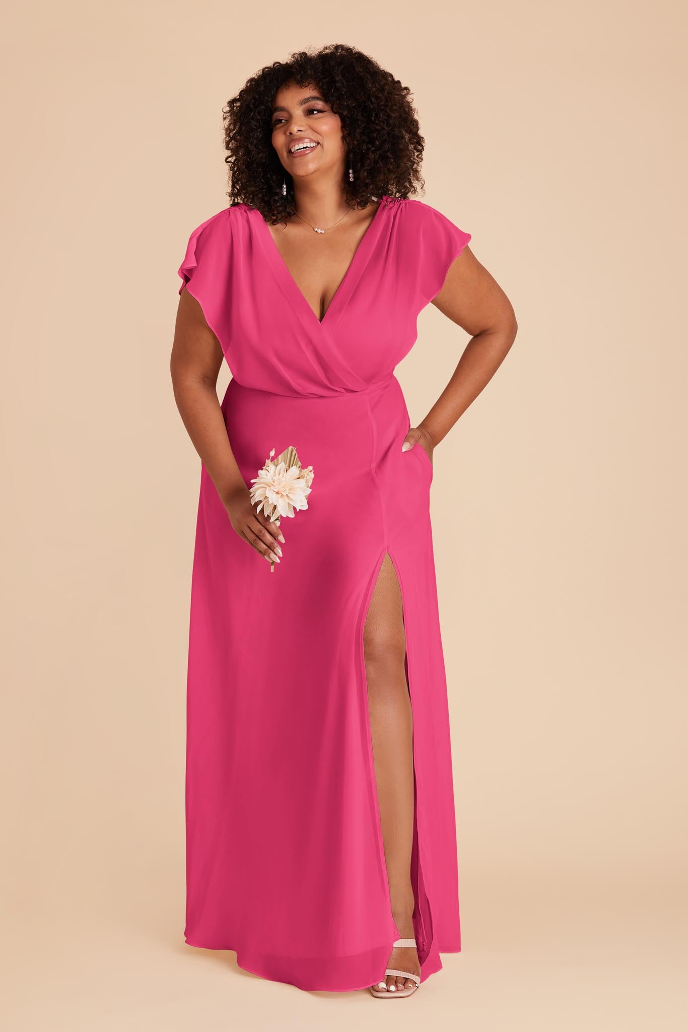 Floor-Length Chiffon Gown with Ruffled Sleeves | Violet & Fuchsia