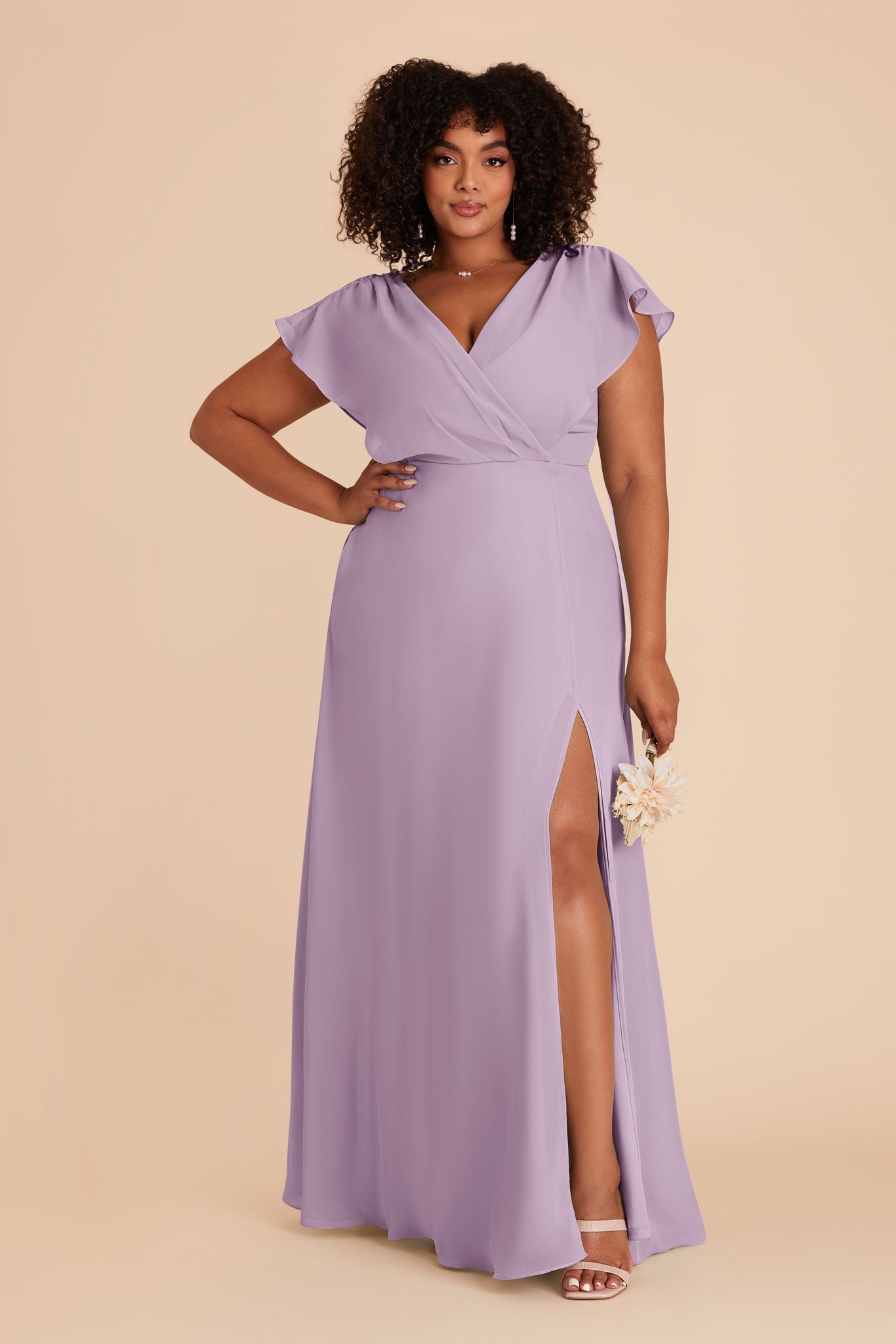Lavender Chiffon Dress with Ruffled Sleeves | Floor-Length A-Line Gown