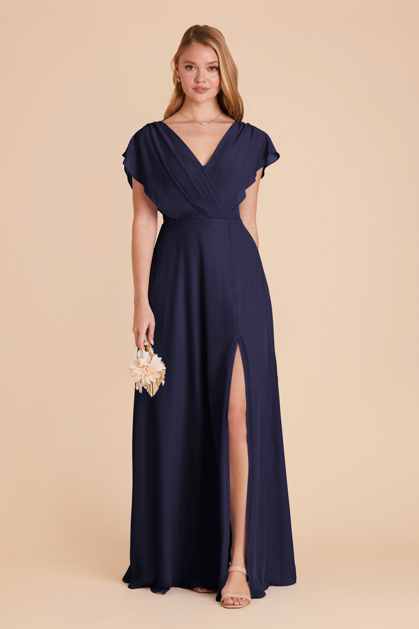 Floor-Length Chiffon Gown with Ruffled Sleeves | Violet & Navy