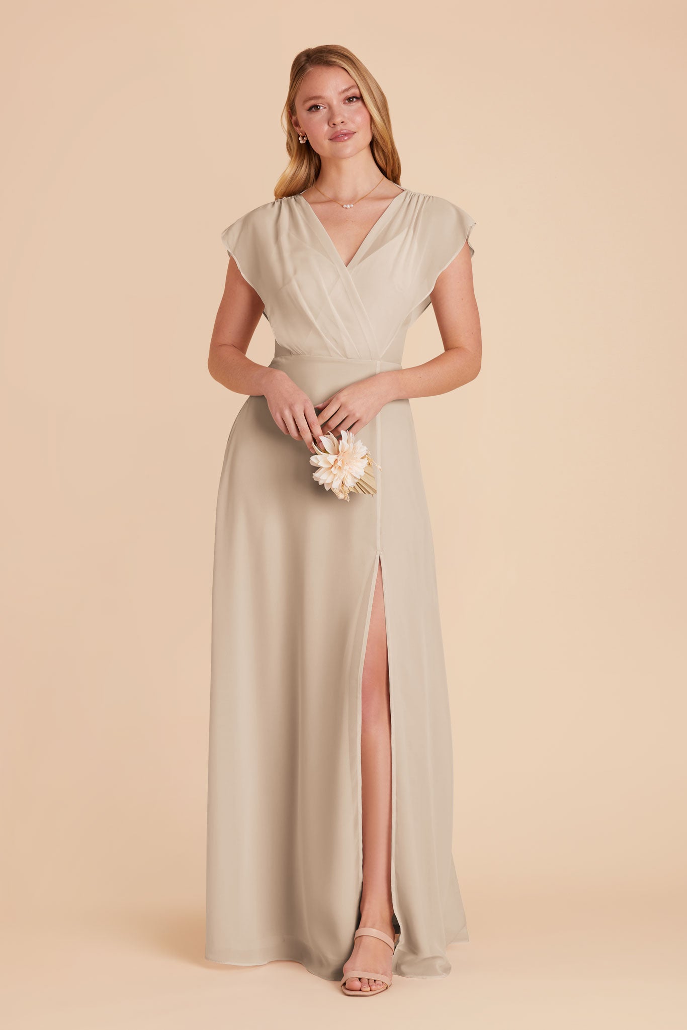 Floor-Length Chiffon Gown with Ruffled Sleeves | Violet Champagne